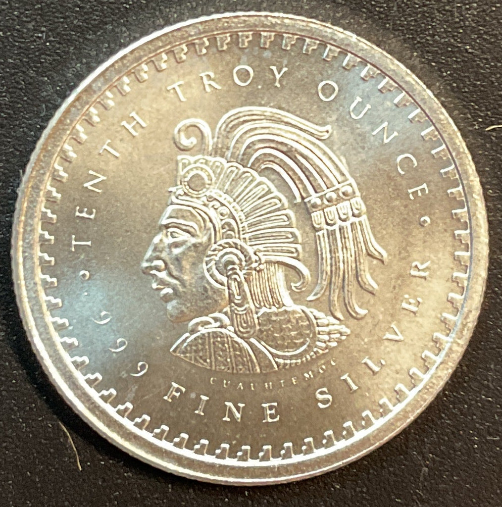 .999 silver, 1/10 Troy Ounce, Aztec Calendar Silver Round Bullion, Store #SR011.