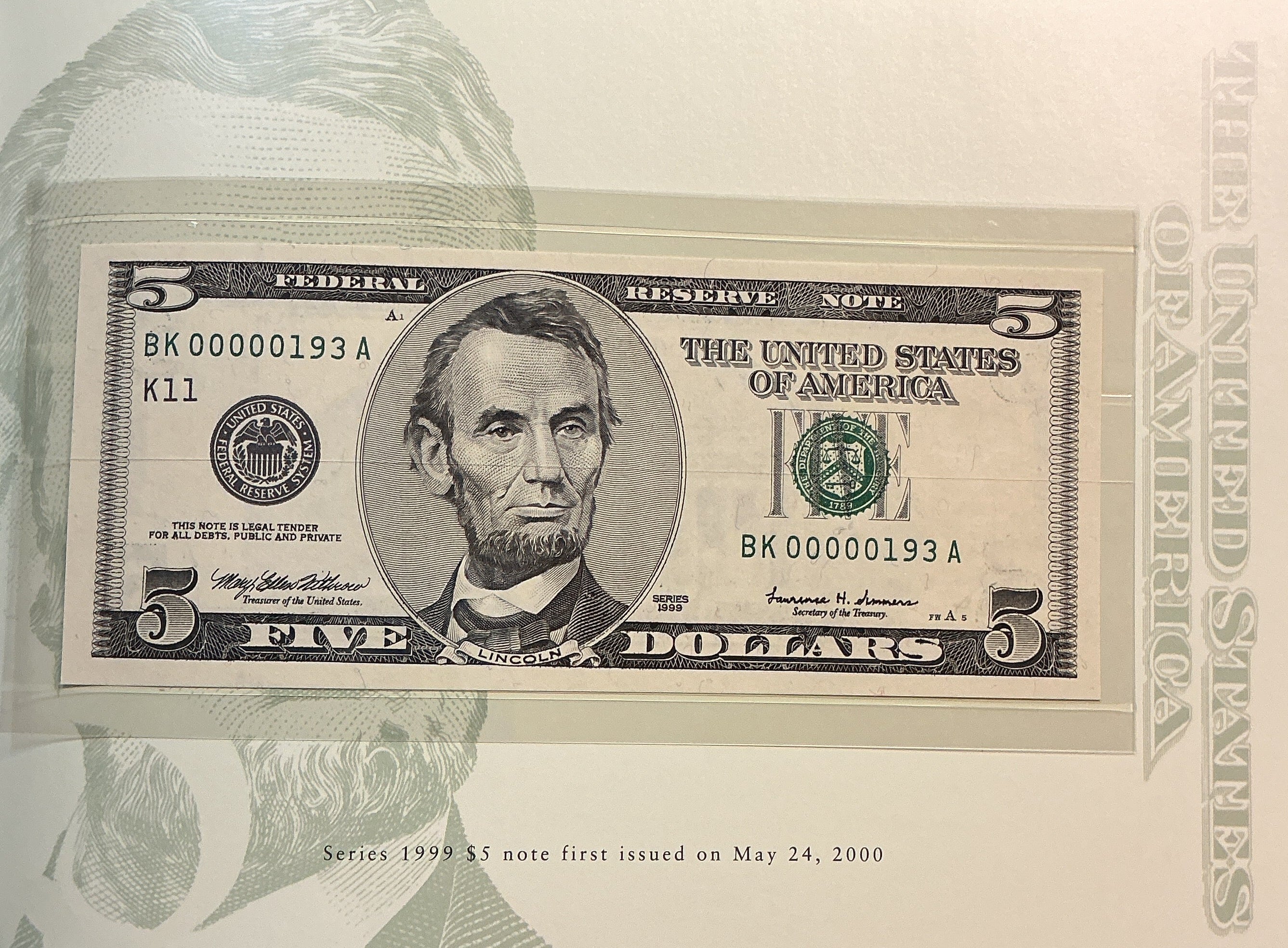 1999 Premium Federal Reserve Set, Serial #193,-$5 Notes, #FRN012