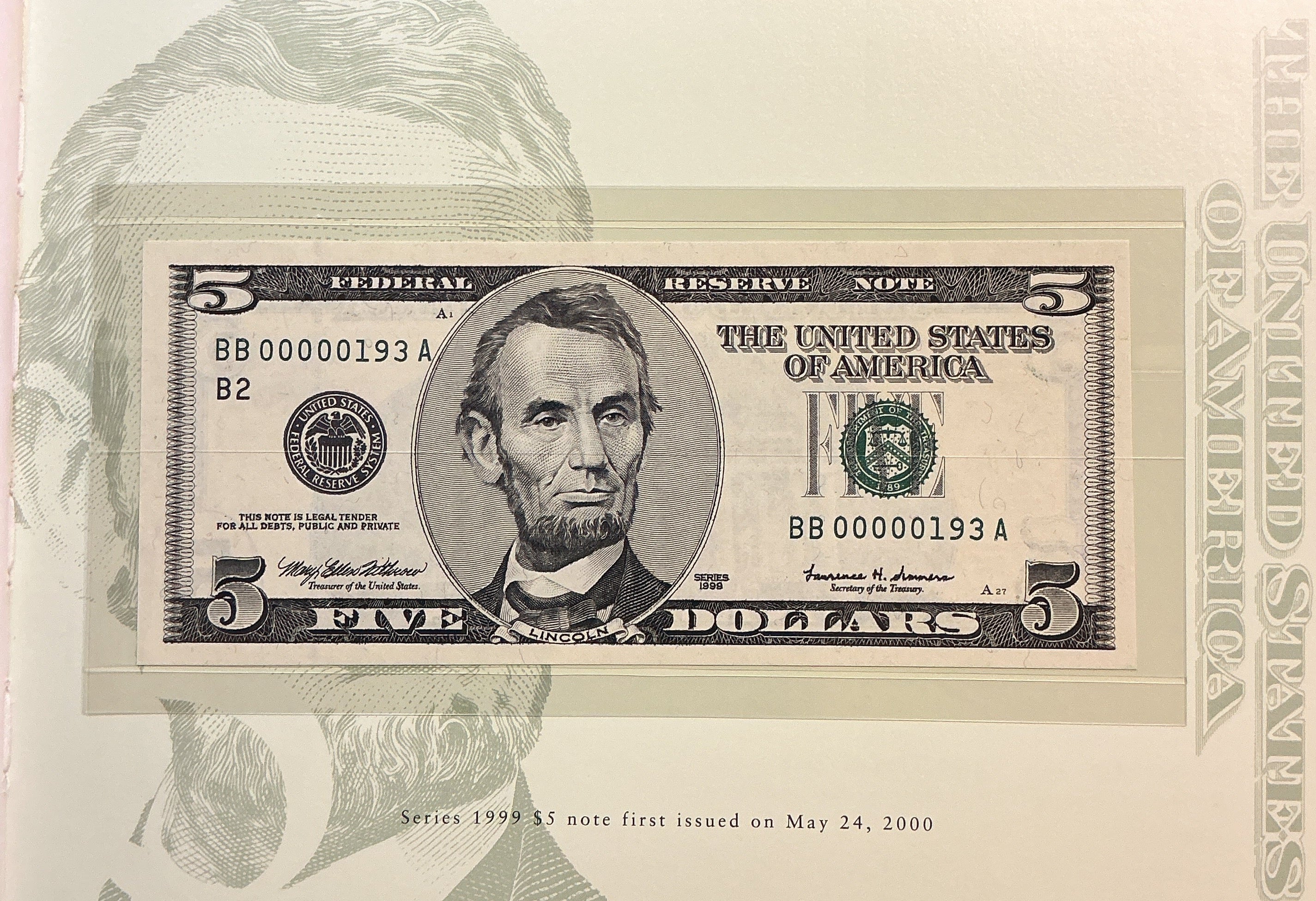 1999 Premium Federal Reserve Set, Serial #193,-$5 Notes, #FRN012