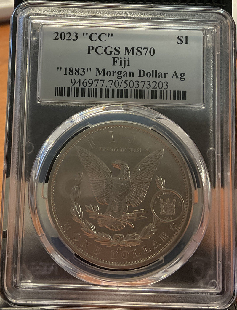.999 silver, 1 Troy Ounce, 2023 Fiji Privy Morgan Ag, PCGS MS-70, Store