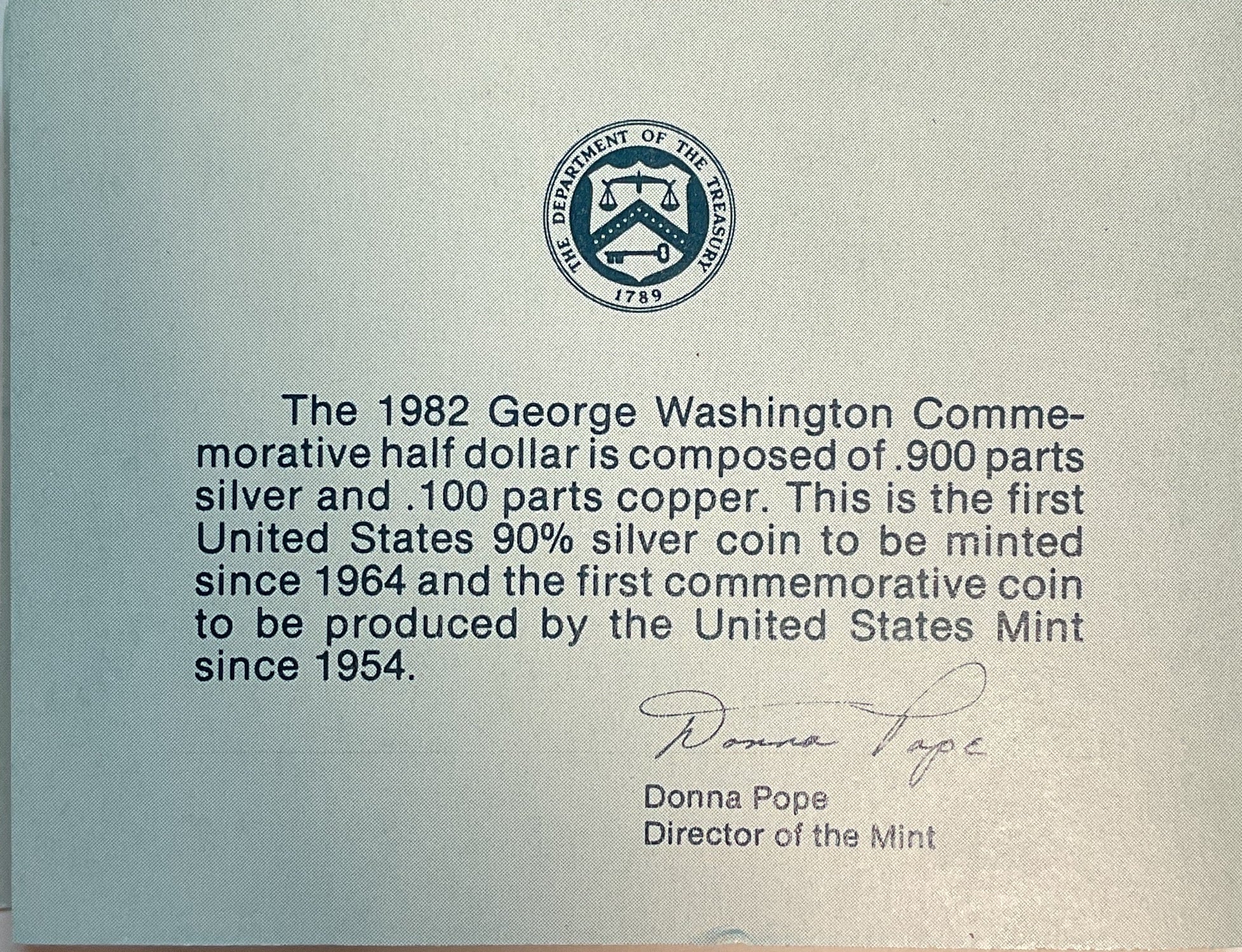 1982 George Washington Silver Half-Dollar, U.S. Mint, Store #PT046