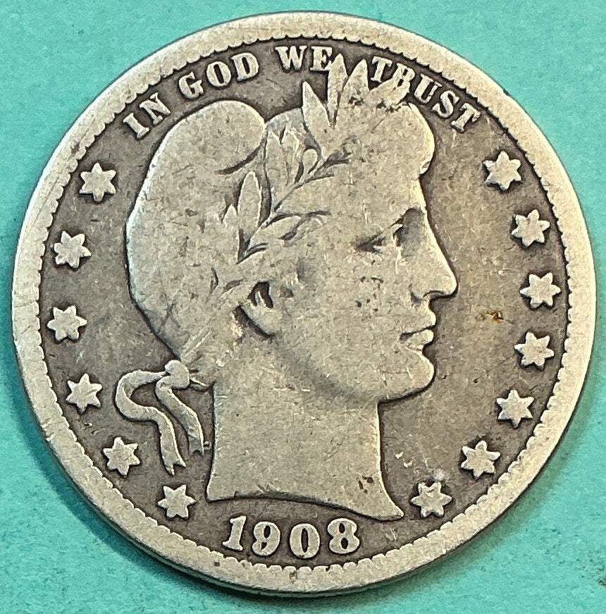 1908-D Barber Quarter., Very Good Circulated Details., Store#QR1239