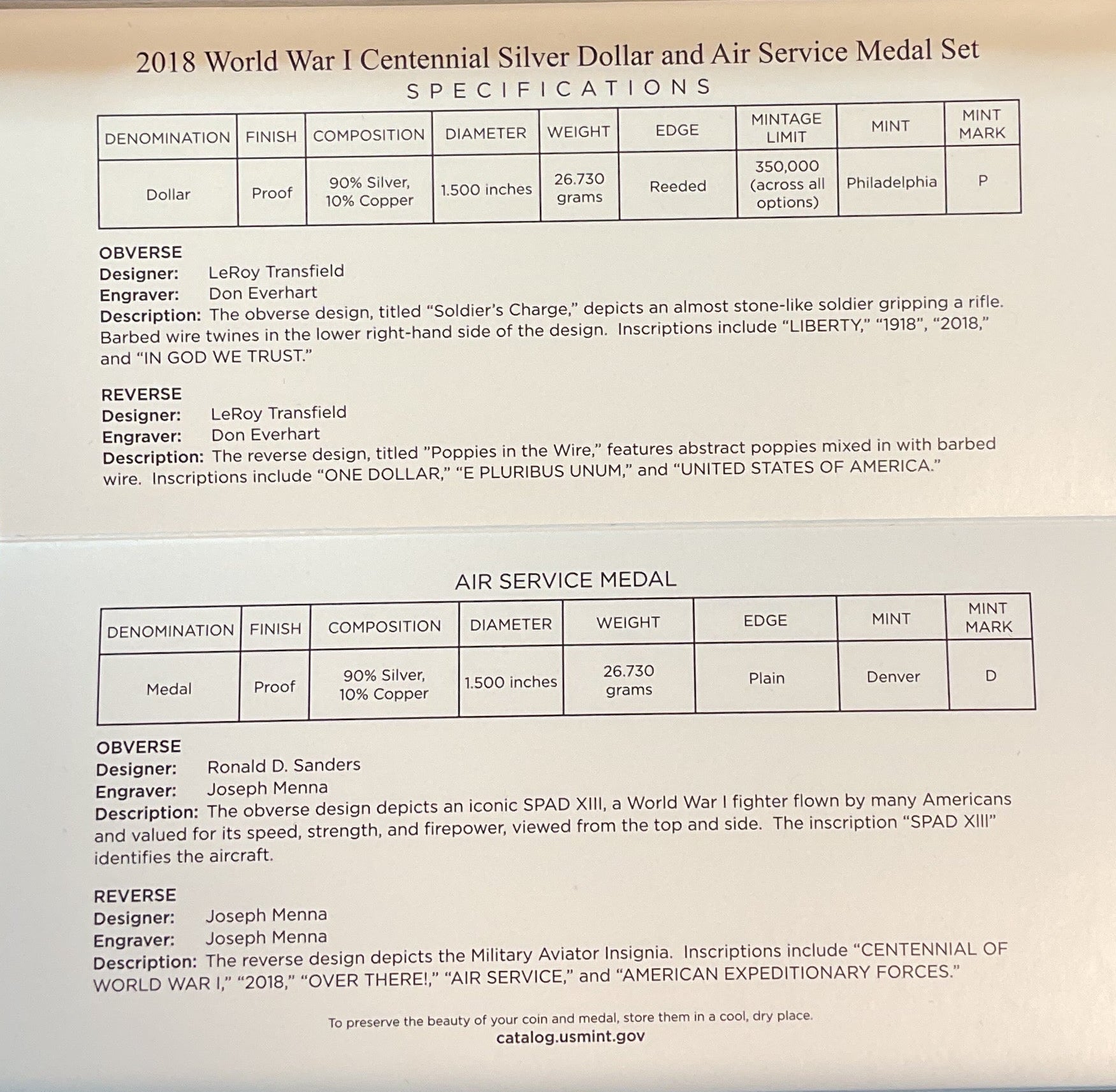 2018 World War I, Silver Dollar and Air Service Silver Medal Set, U.S. Mint #SR018