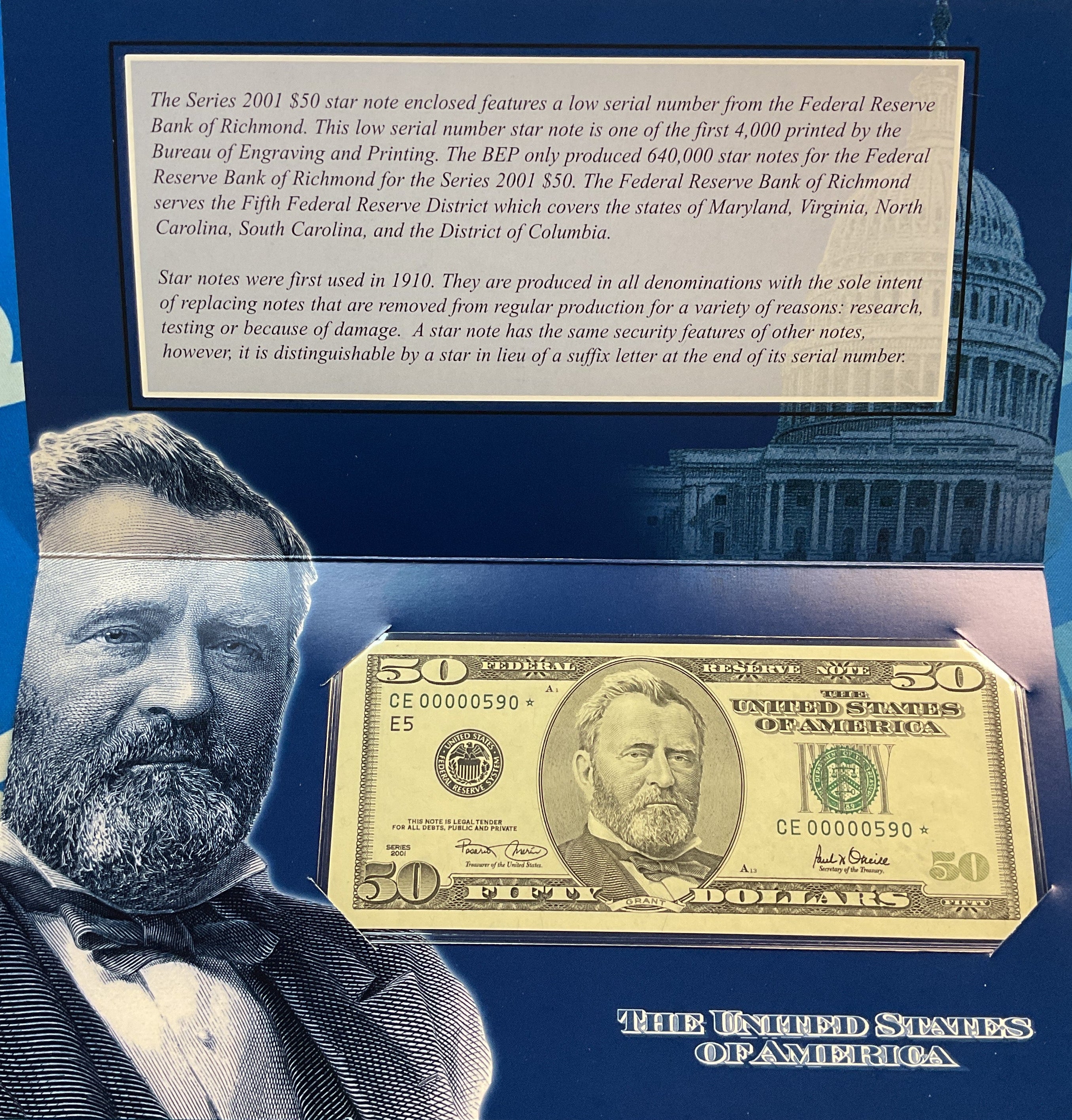 2001 Series $50 Single Star Note, F.R.Notes, Richmond, Very Low Serial Number Store #FRN020