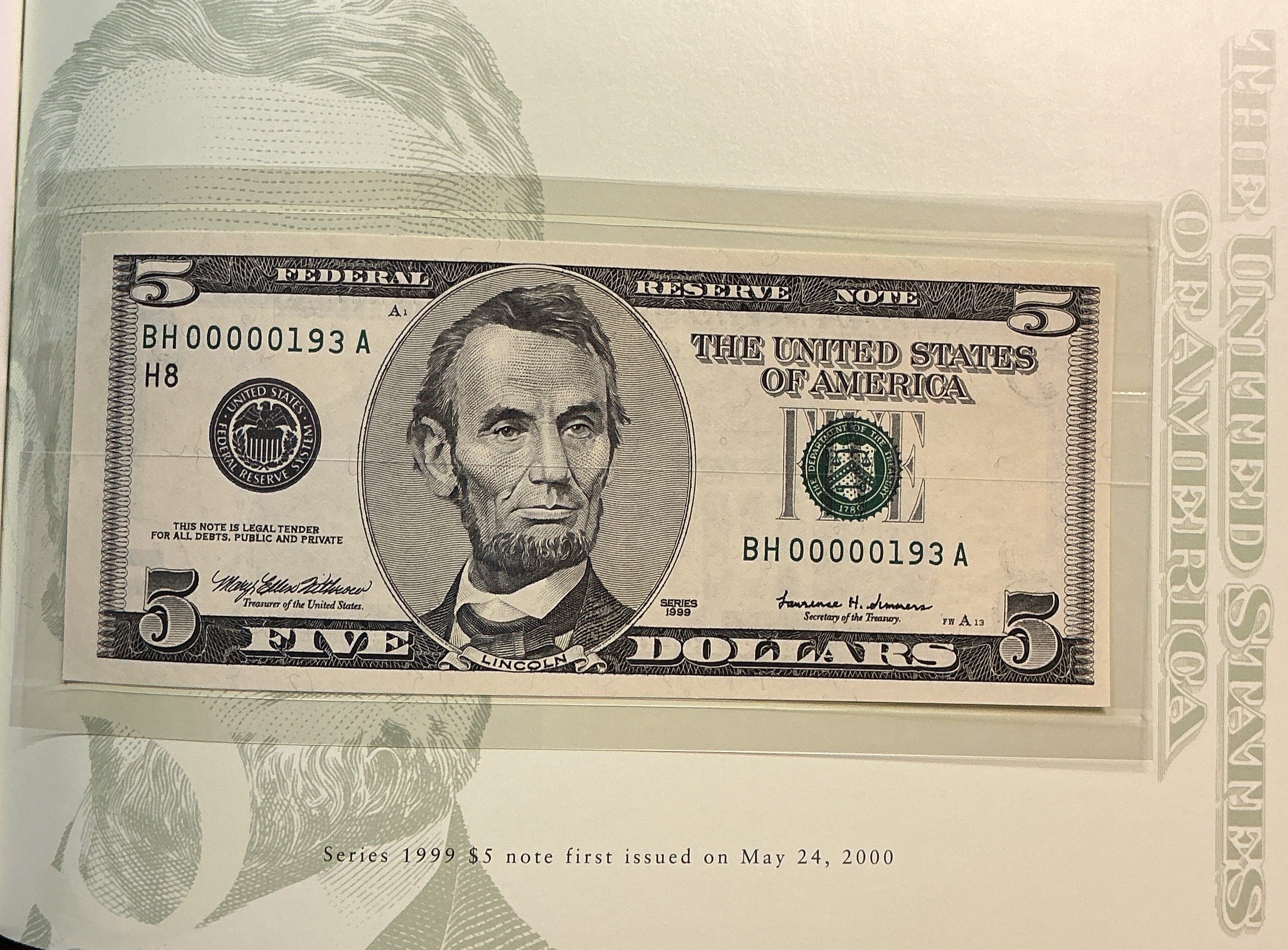 1999 Premium Federal Reserve Set, Serial #193,-$5 Notes, #FRN012