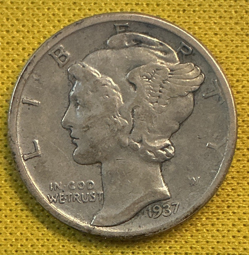 1937 Mercury Dime, Fine Circulated Coin, Beautiful Toning! Store #DE0646