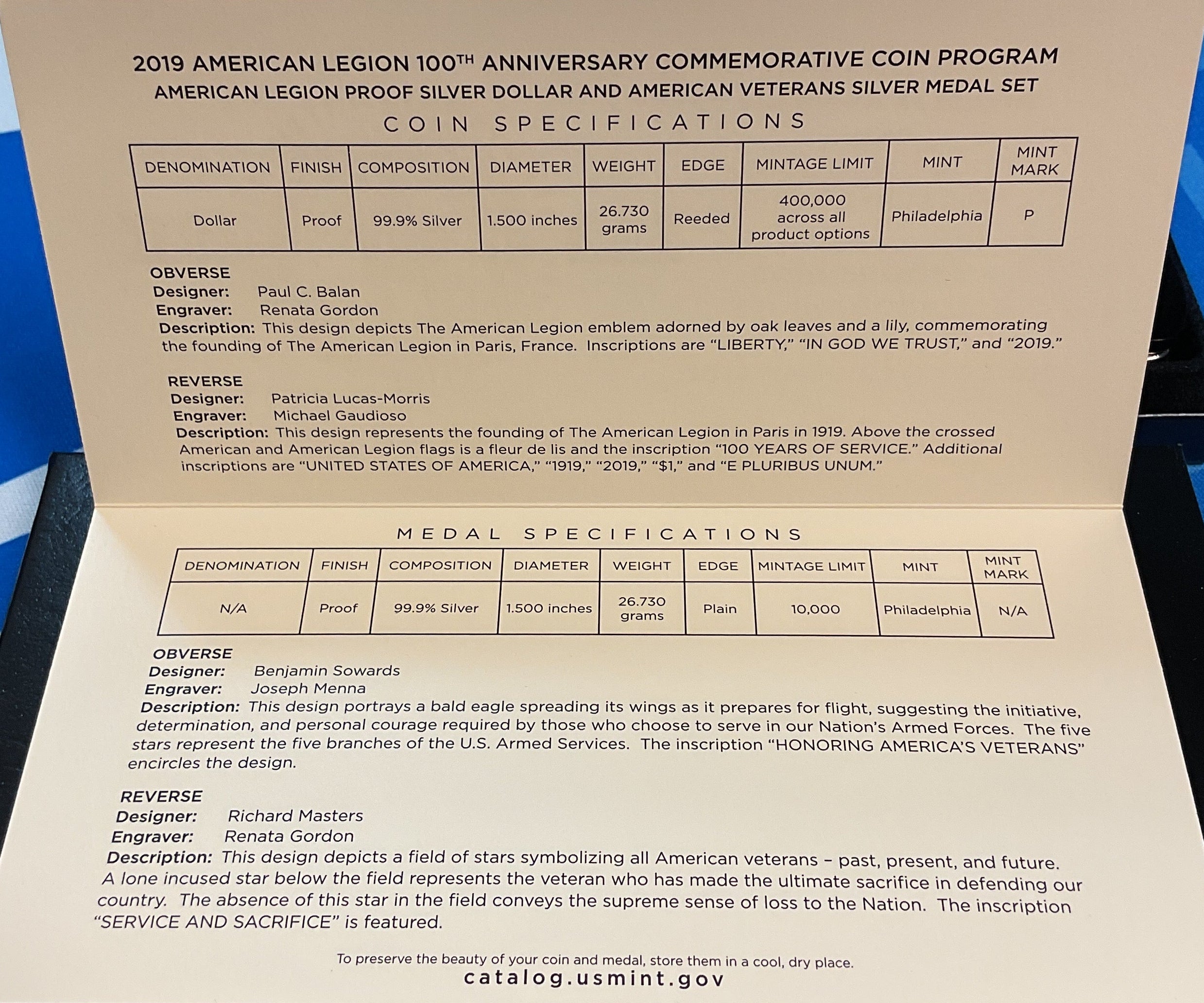 2019 American Legion, Proof Silver Dollar and Silver Medal Set, #SR012
