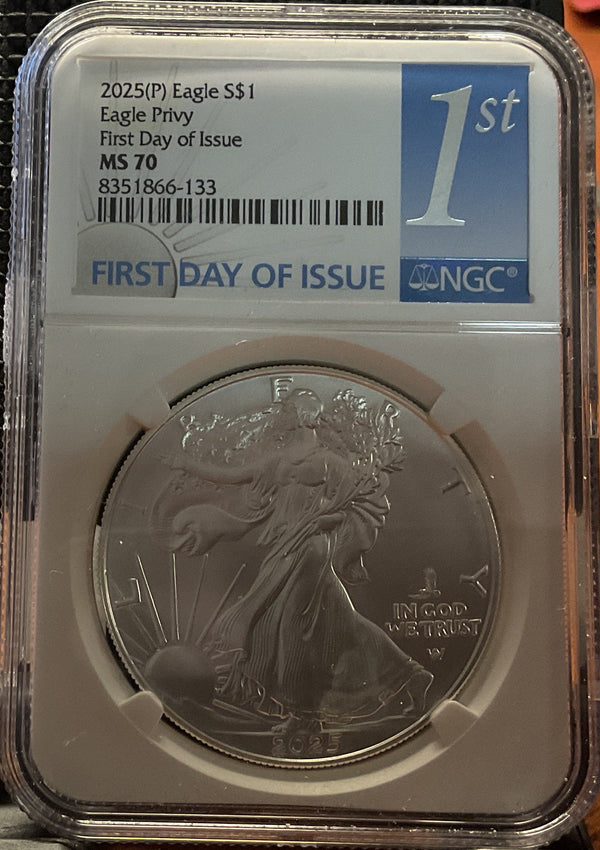 .999 Silver, 1 Troy Ounce, 2025 American Silver Eagle, Privy, NGC MS-70, Store #AE0275