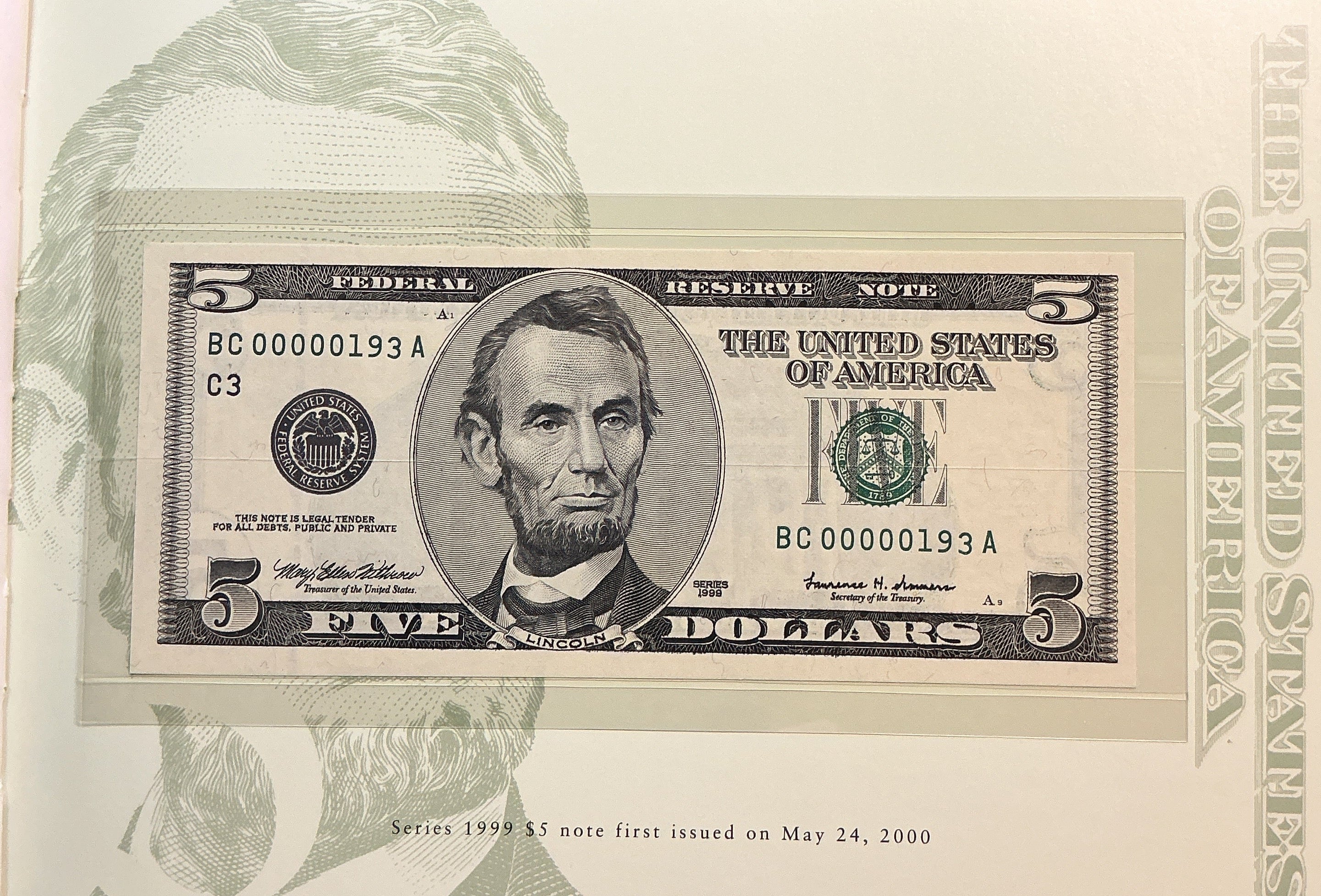 1999 Premium Federal Reserve Set, Serial #193,-$5 Notes, #FRN012
