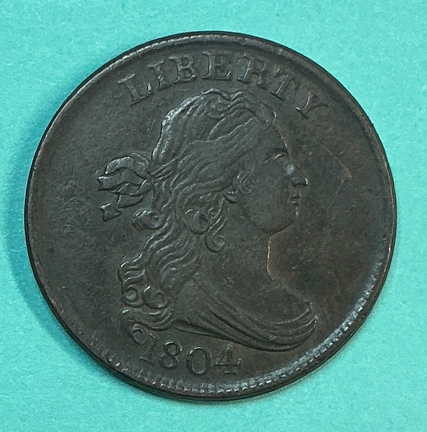 1804 Draped Bust Half Cent, with stem, X.F. Circulated Coin. Store #HT0035
