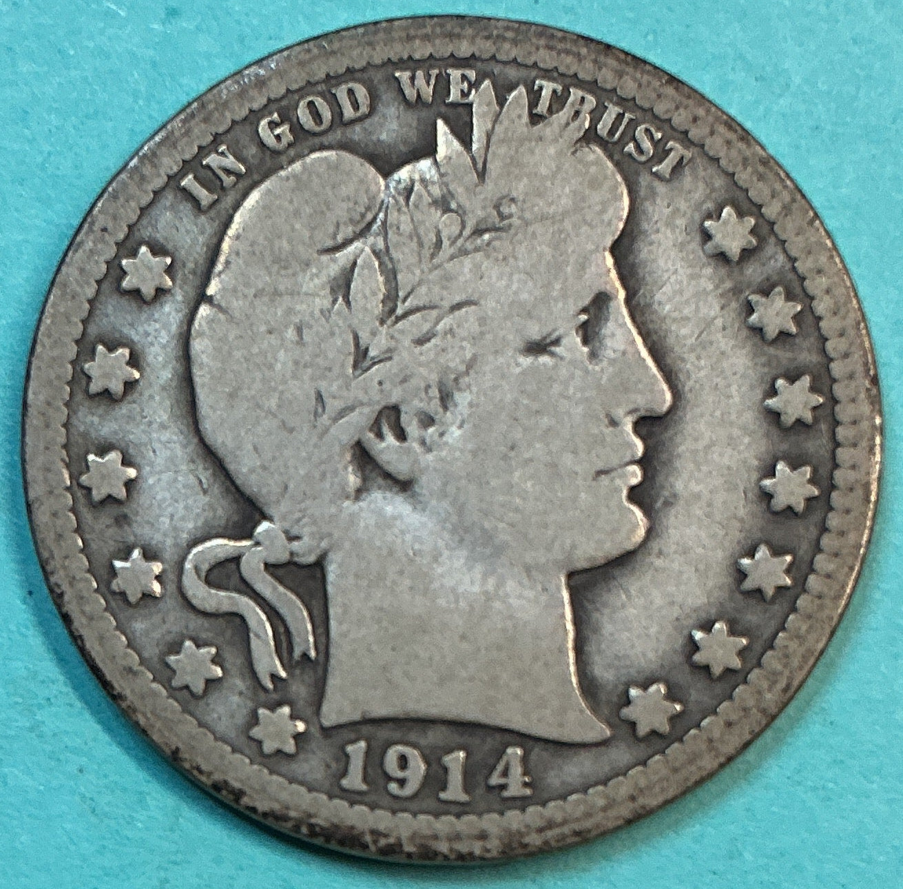 1914 Barber Quarter., Good Circulated Details., Store#QR1313