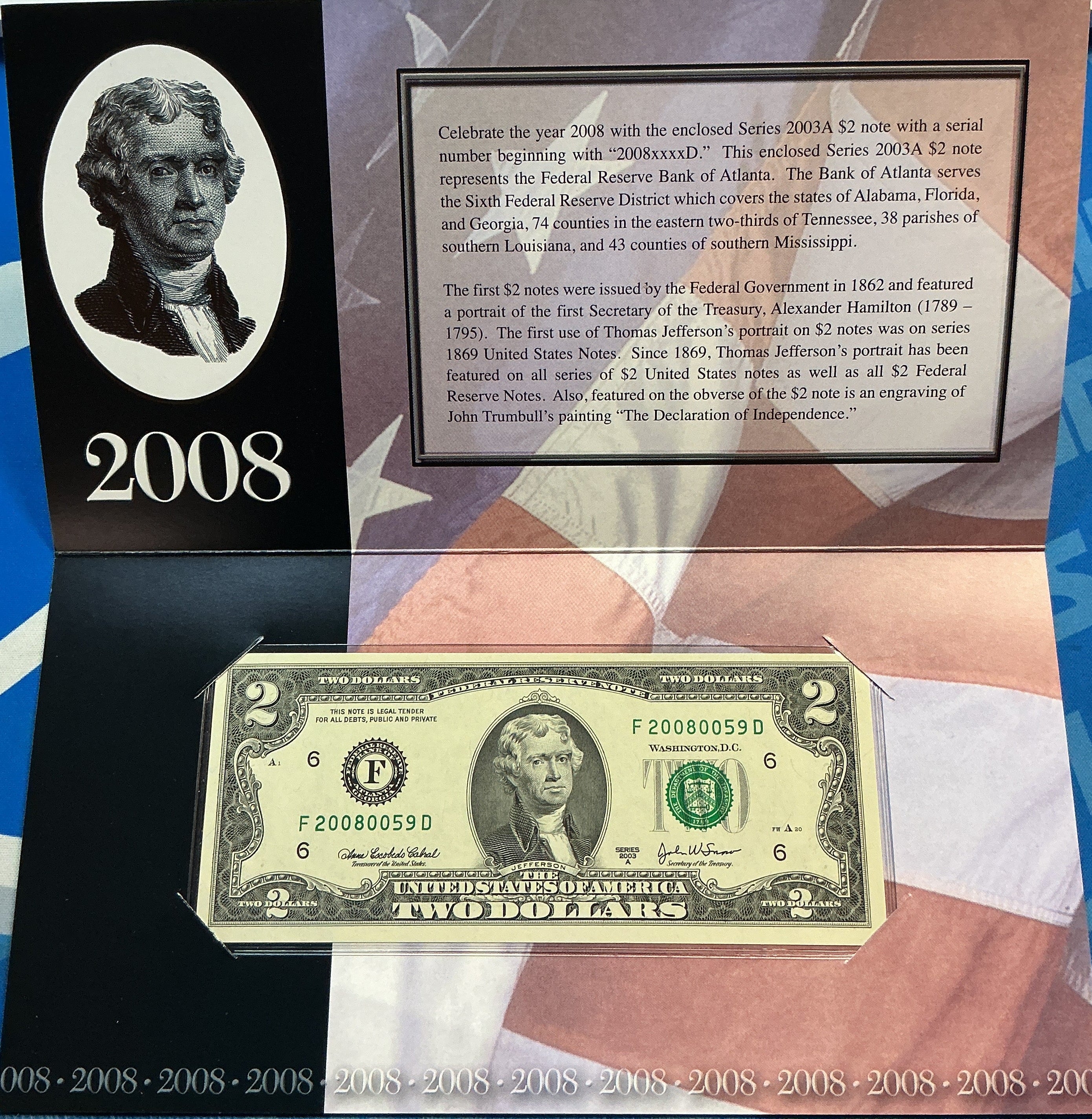 2008 Series, $2 Note, Atlanta, Dept of Treasury, 2008xxx Serial Number, Store #FRN028