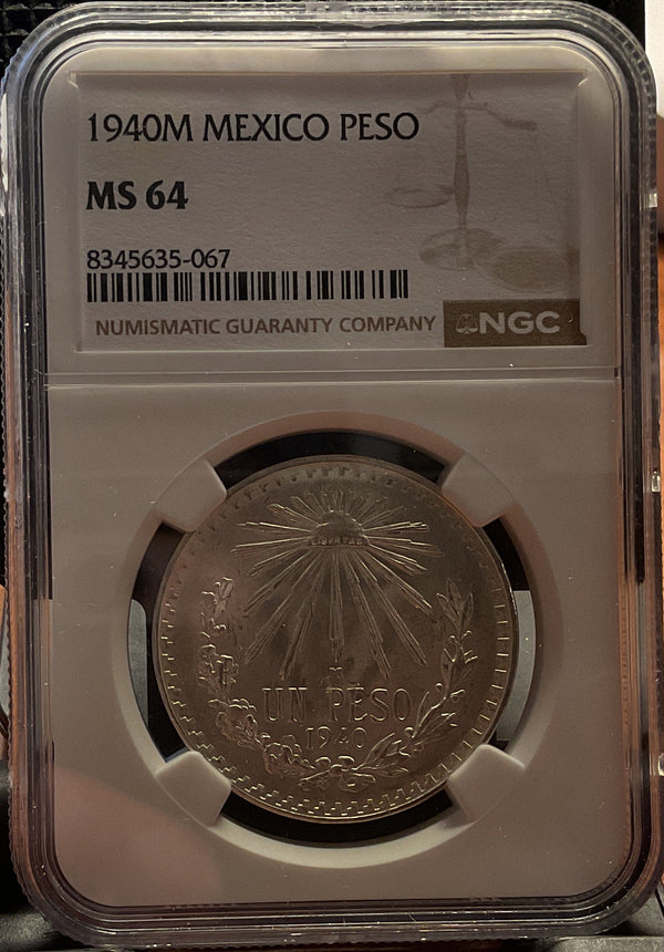 .999 silver, 1940M Mexico Peso, NGC MS-64, Store #SR047