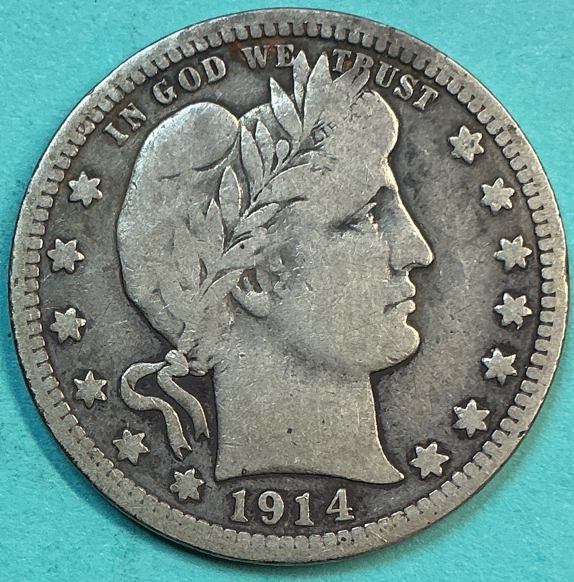 1914-D Barber Quarter., Very Good+ Circulated Details., Store#QR1315