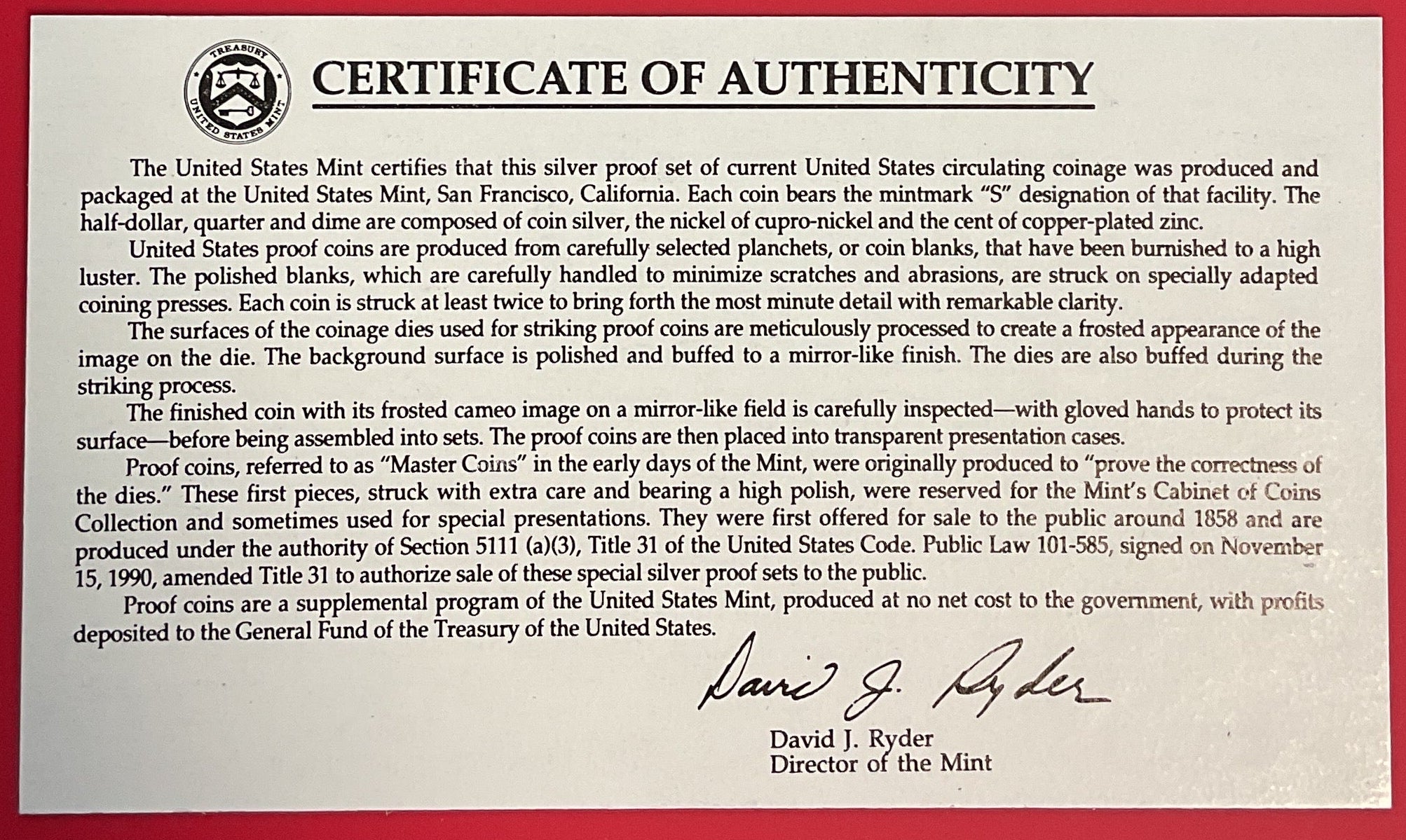 1993 United States Mint Silver Proof Set w/C.O.A.