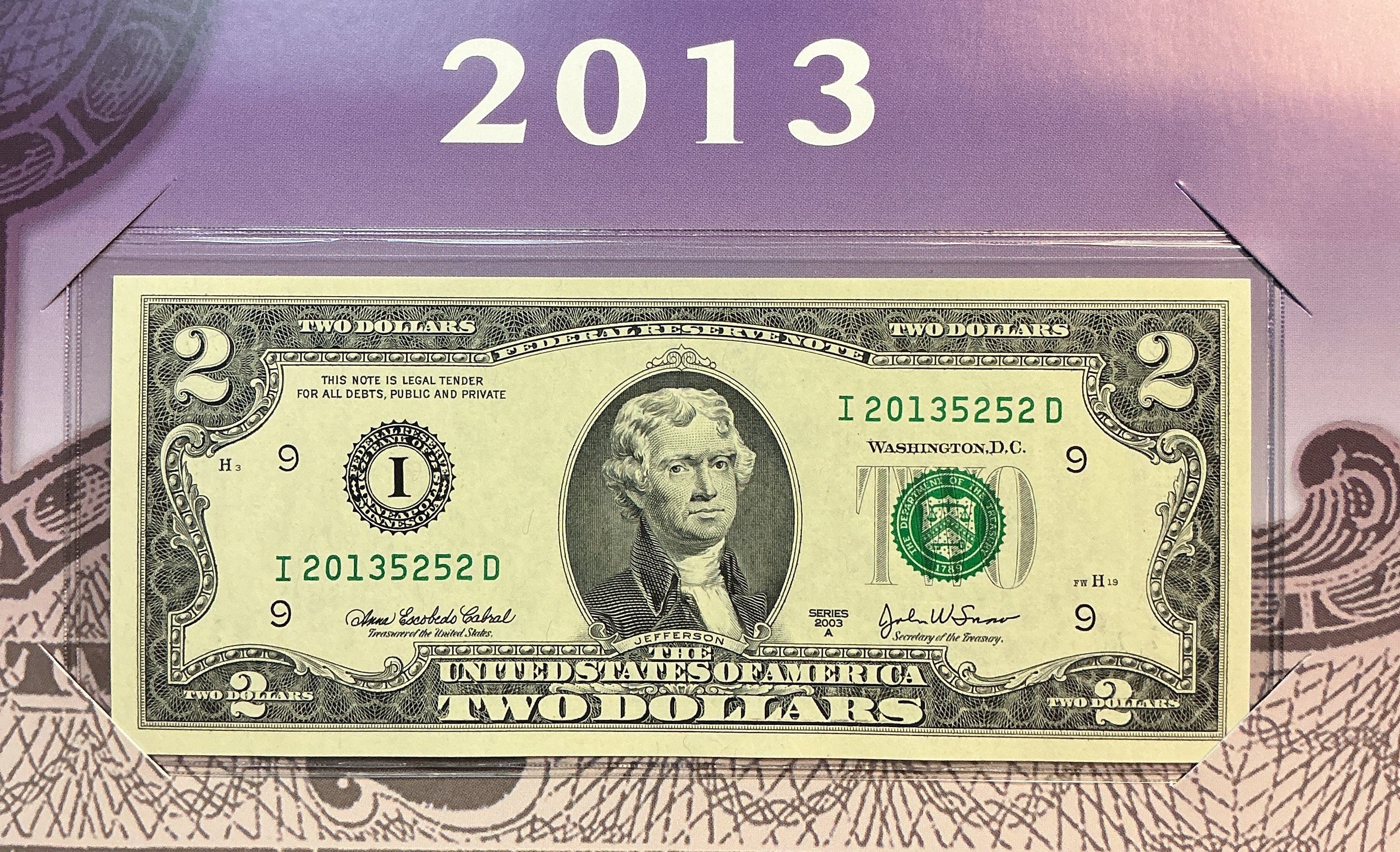 2013 Series $2 Single Notes, F.R.Notes, 2013xxx Serial Numbers Store #FRN018