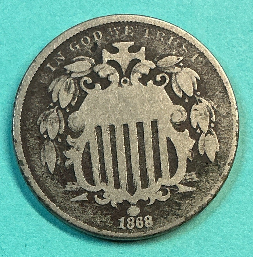 1868 Shield Nickel, Very Good+ Details Circulated Coin, Store #NL0107
