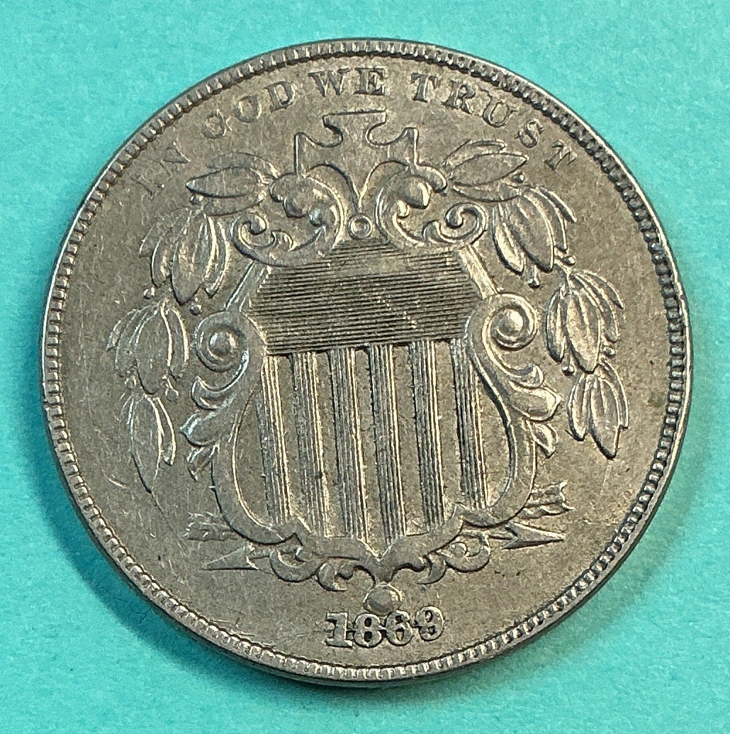 1869 Shield Nickel, About Uncirculated Detail Coin, Store #NL0116