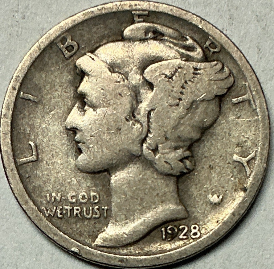 1928-D Mercury Dime, Very Good Circulated Coin, Store #DE0972