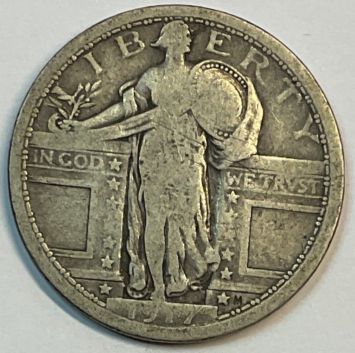 1917 T-1, Standing Liberty Silver Quarter, V.G, Circulated Coin, Store #QR1161