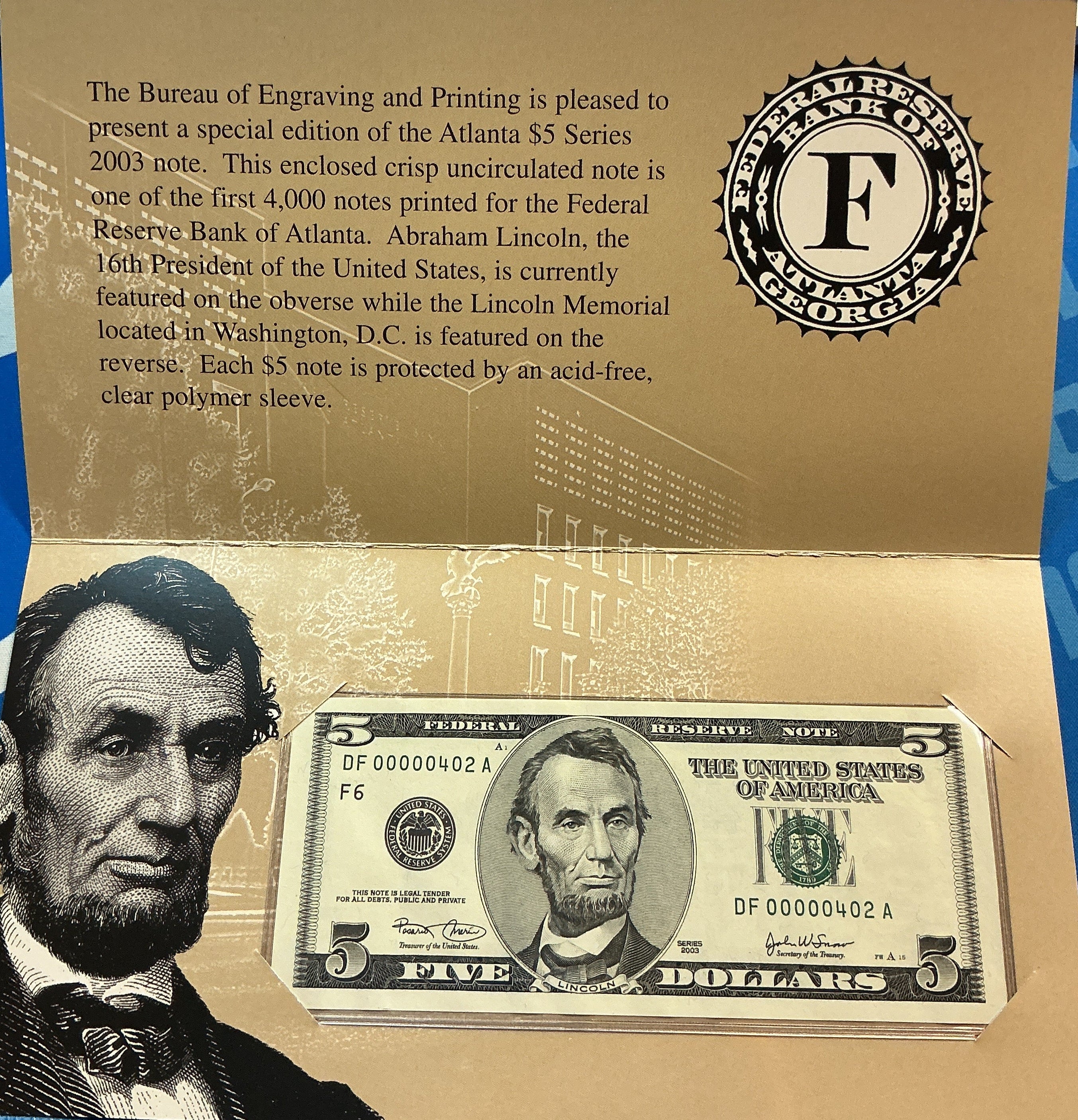 2003 Series $5 Single Note, F.R.Notes, Very Low Serial Number, Store #FRN022