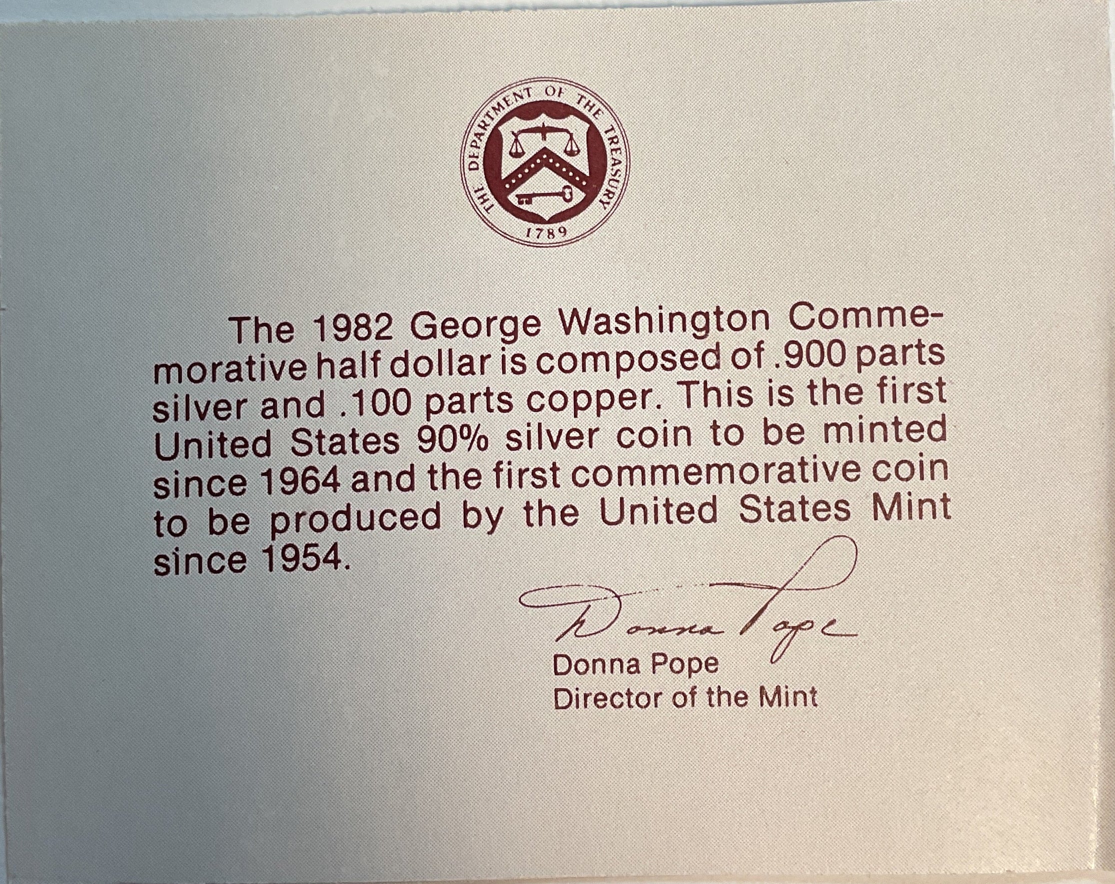 1982 George Washington Silver Proof Half-Dollar, U.S. Mint, #PT047