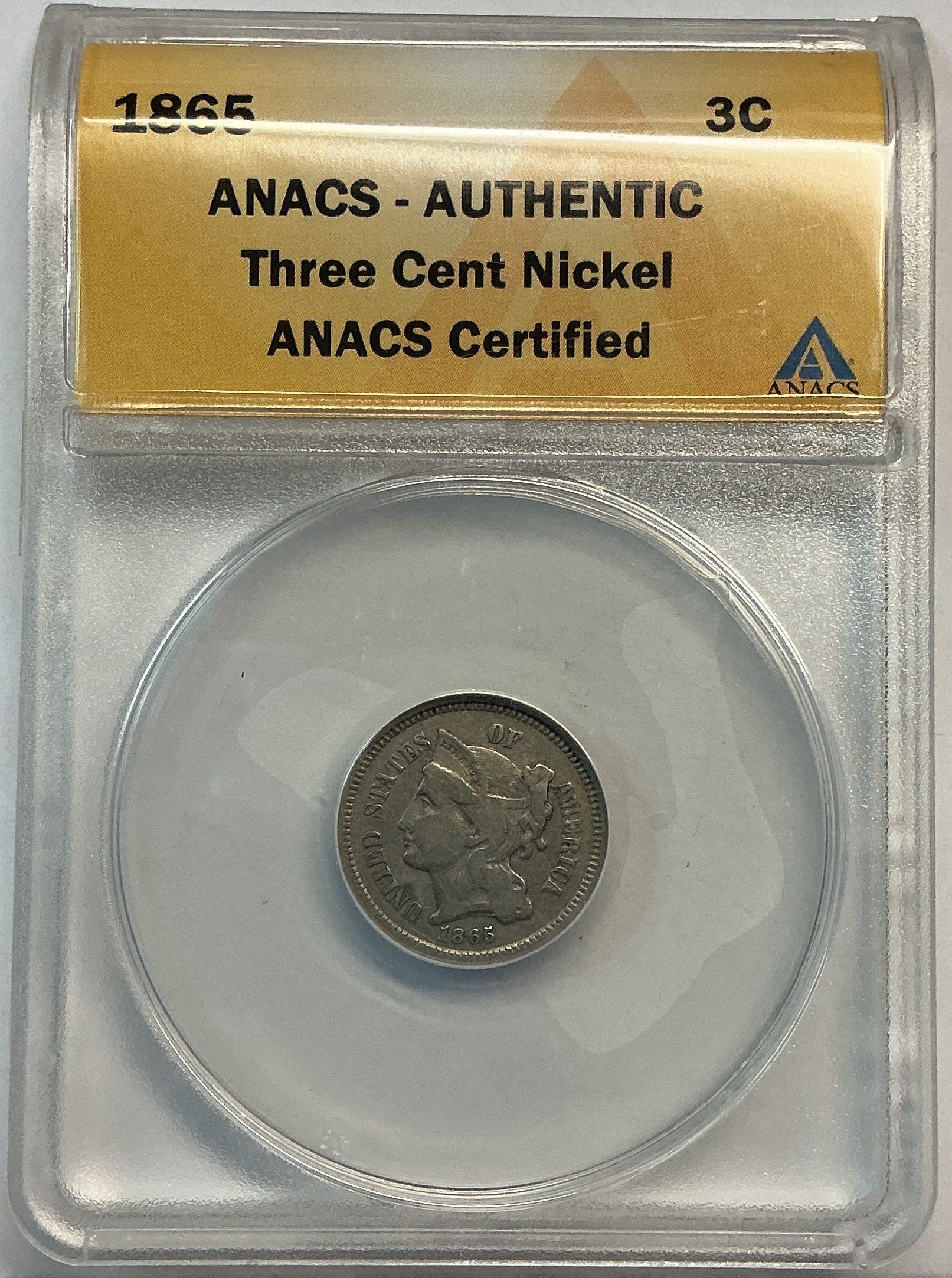 1865 3 Cent Copper Nickel., ANACS Verified., Store #G3C003