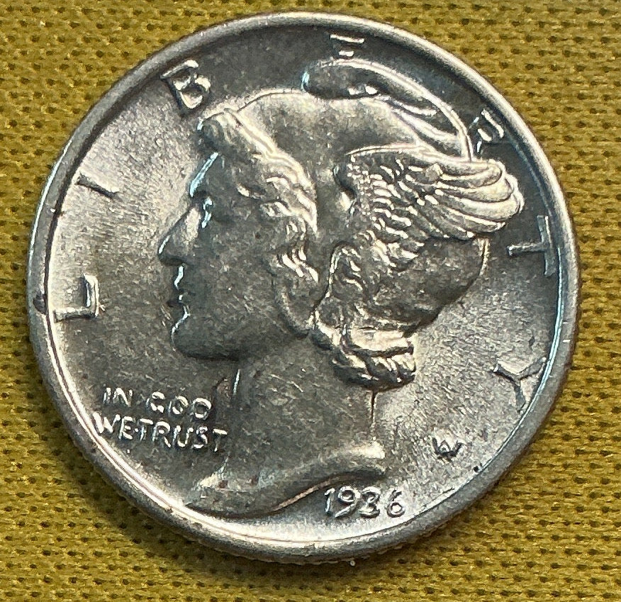 1936 Mercury Dime, Mint State+ Uncirculated Coin, Store #DE0639