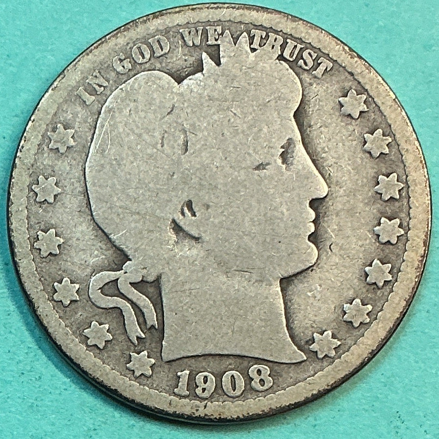 1908-S Barber Quarter., Fair Circulated Details., Store#QR1245