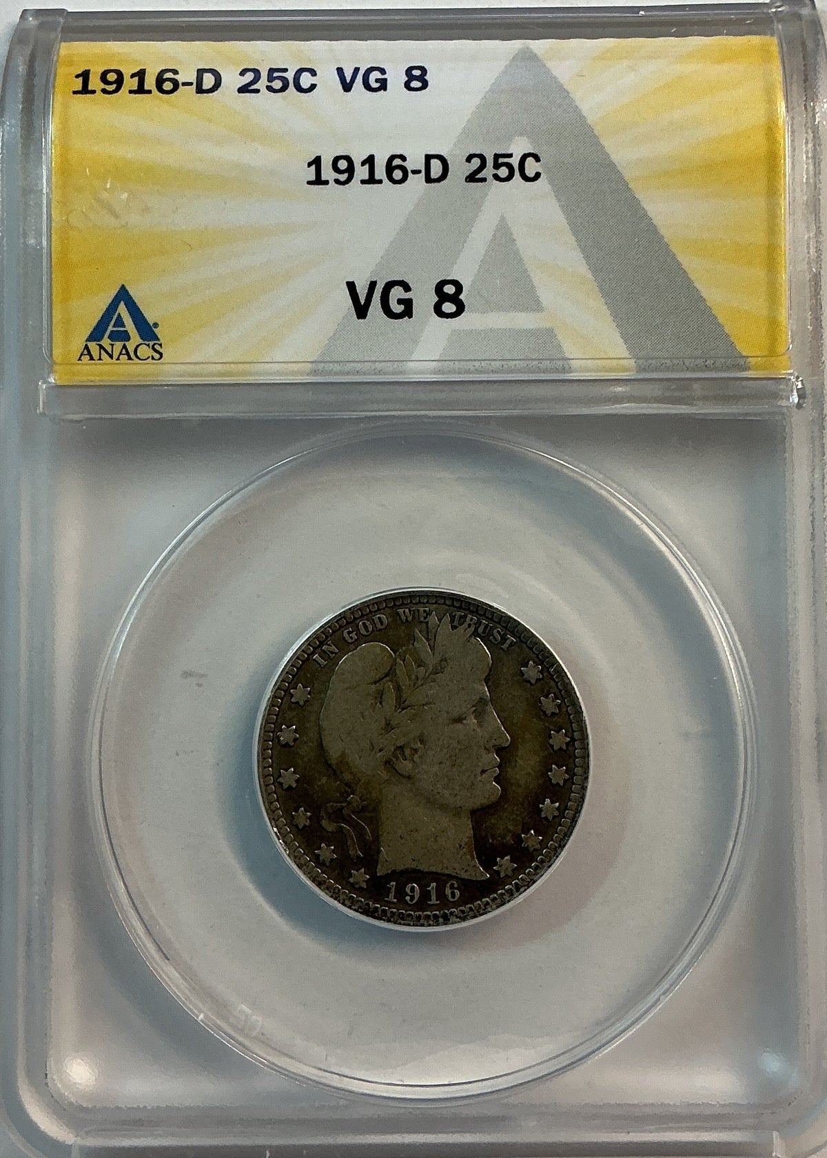 1916-D Barber Quarter, ANACS Very Good 8. Store #QR1481