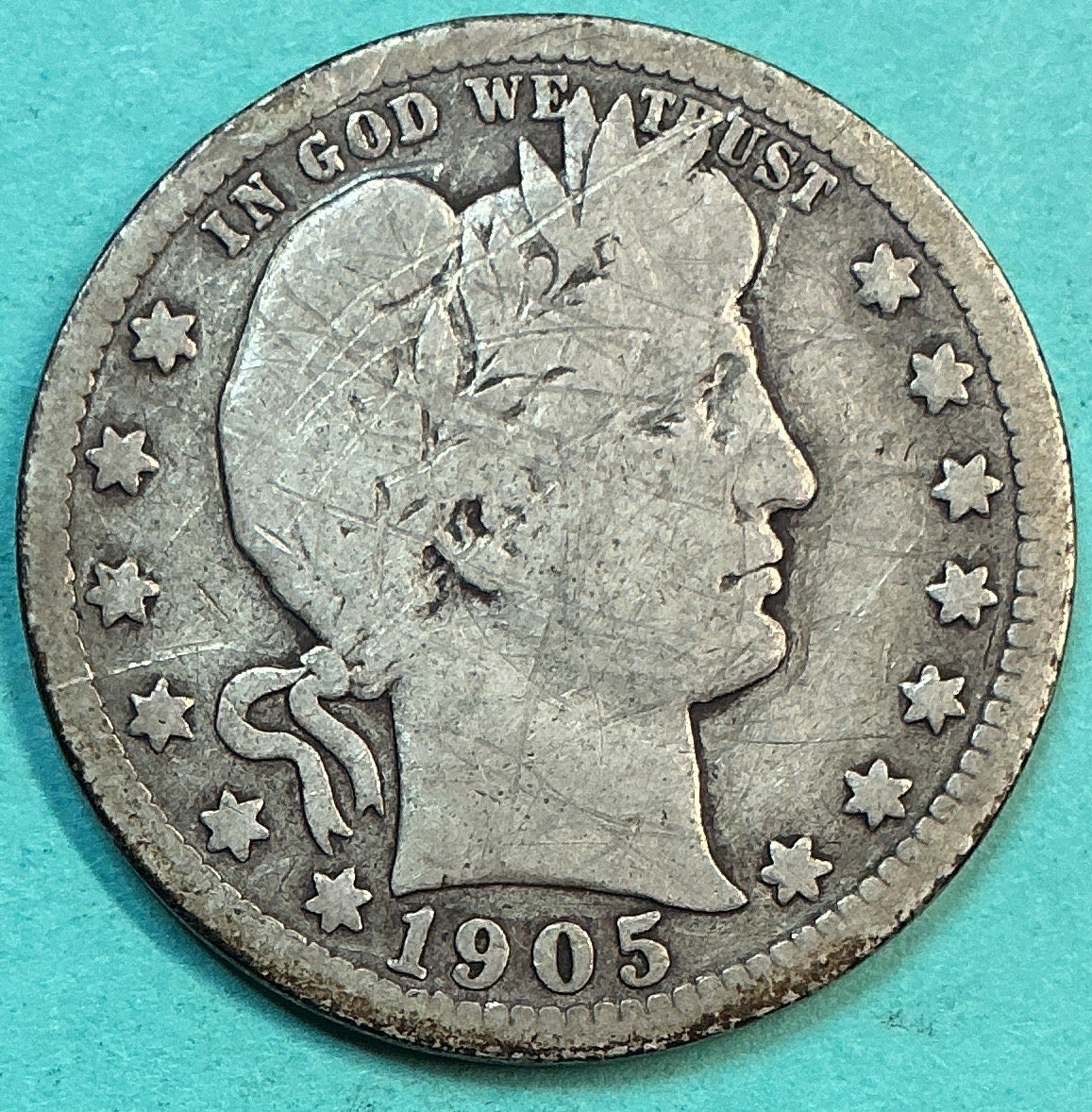 1905 Barber Quarter., Good Circulated Details., Store#QR1231
