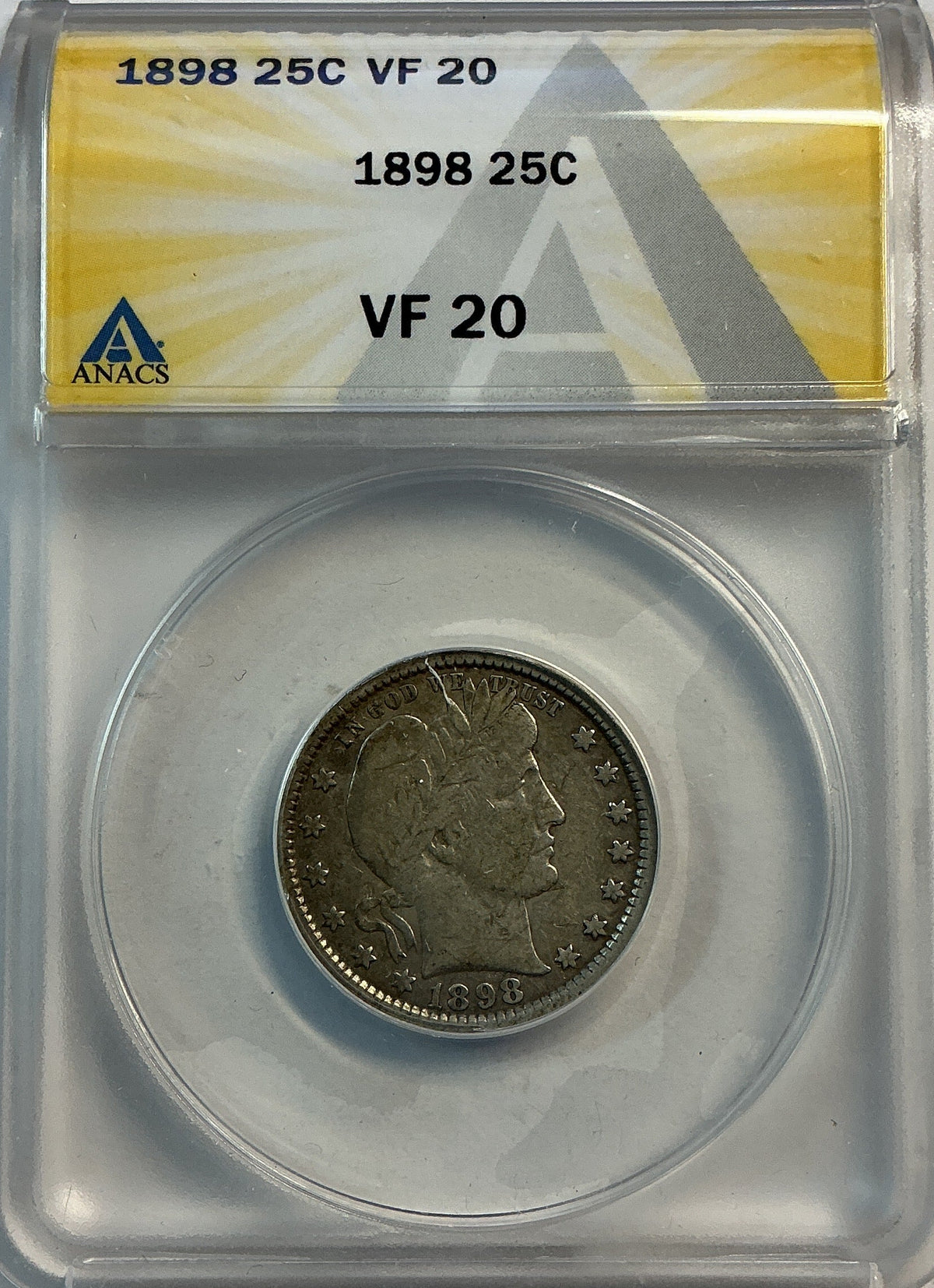 1898 Barber Quarter, ANACS Very Fine 20. Store #QR1495