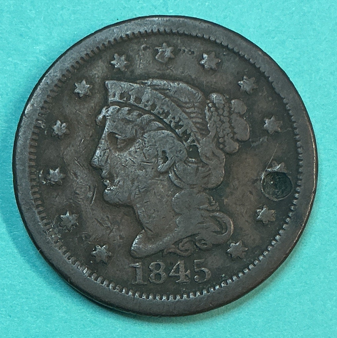 1845 Large Cent, Good Details w/Hole at 3 o'clock Circulated, Store #CT1522