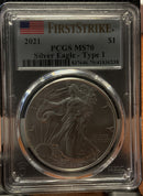 .999 Silver, 1 Troy Ounce, 2021 American Silver Eagle Type 1, PCGS MS-70, Store