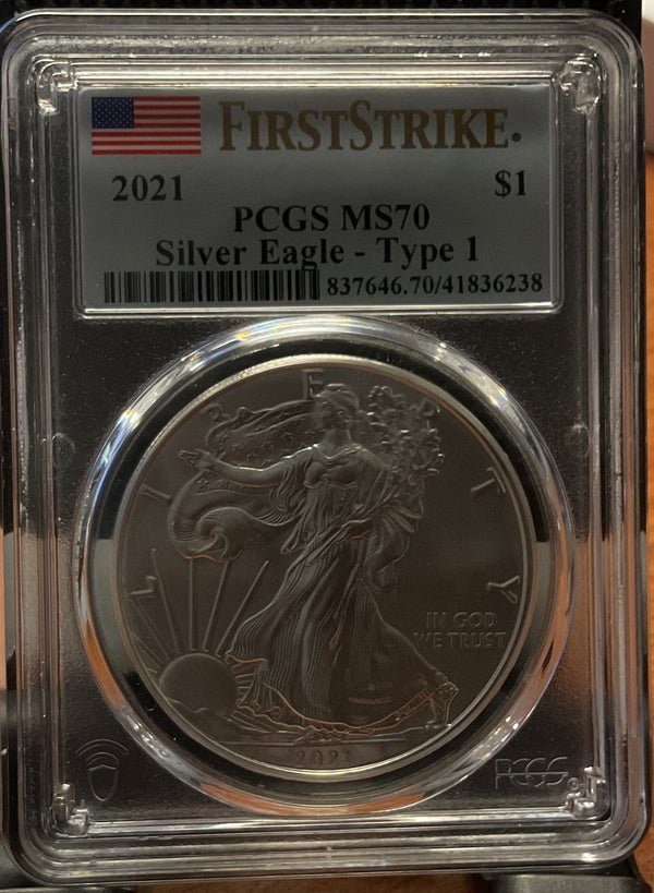 .999 Silver, 1 Troy Ounce, 2021 American Silver Eagle Type 1, PCGS MS-70, Store #AE0267