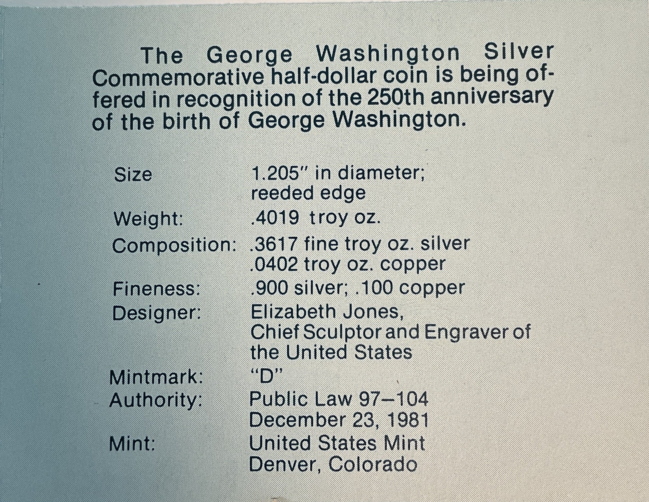 1982 George Washington Silver Half-Dollar, U.S. Mint, Store #PT046