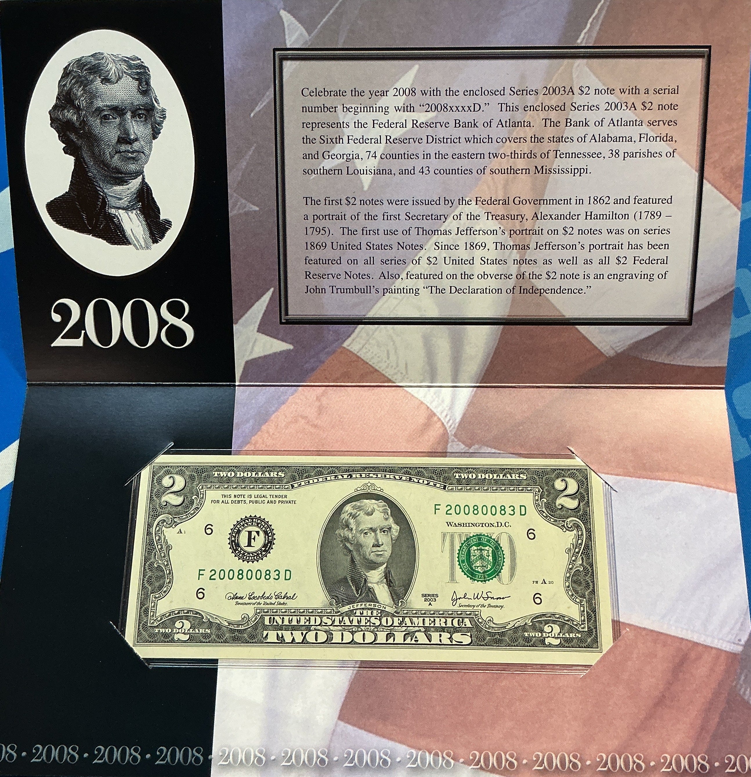 2008 Series, $2 Note, Atlanta, Dept of Treasury, 2008xxx Serial Number, Store #FRN030