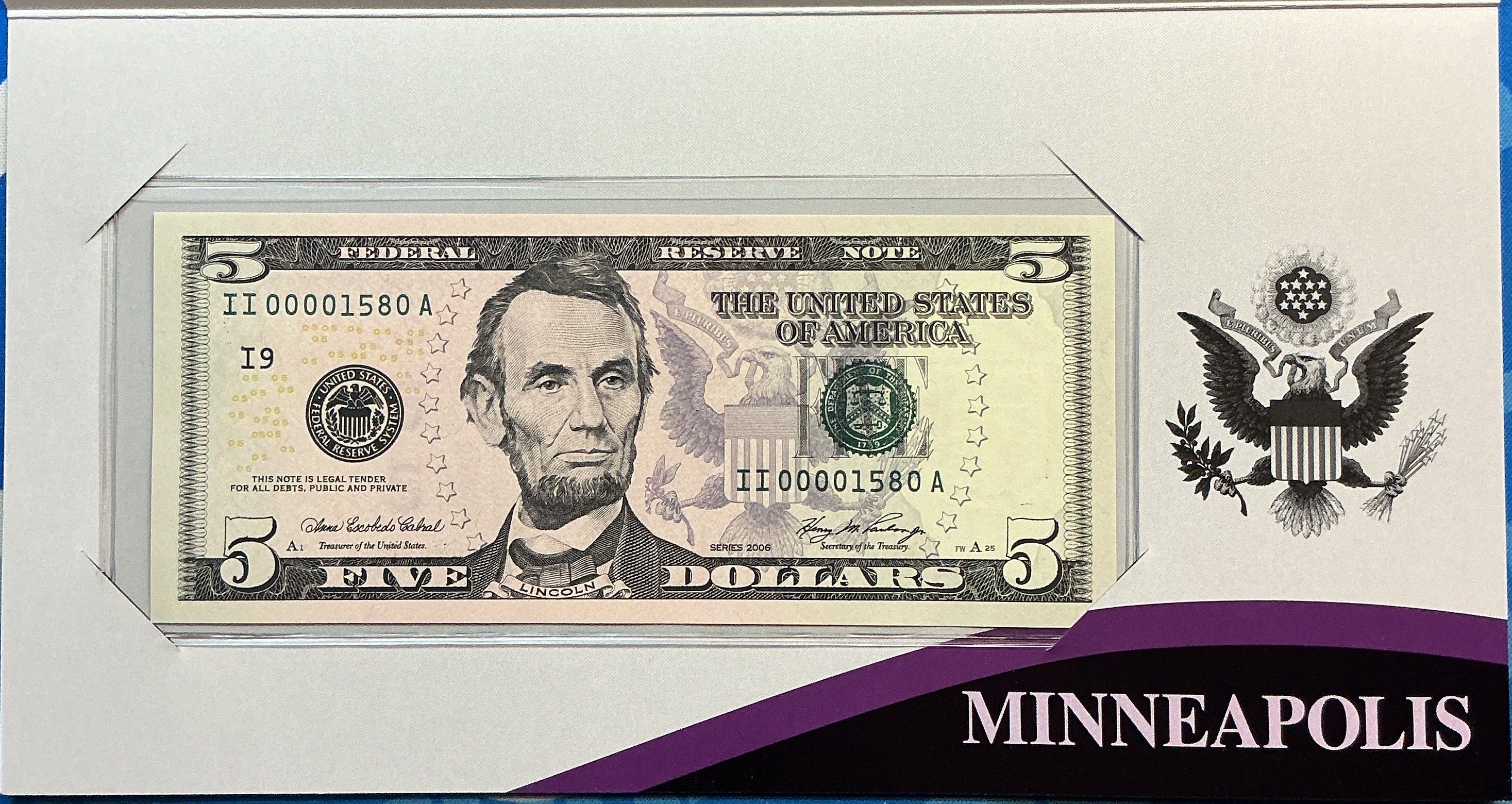 2006 Series $5 Single Notes,12 ea, F.R.N, 'LOW SERIAL NUMBERS', Store #FRN001