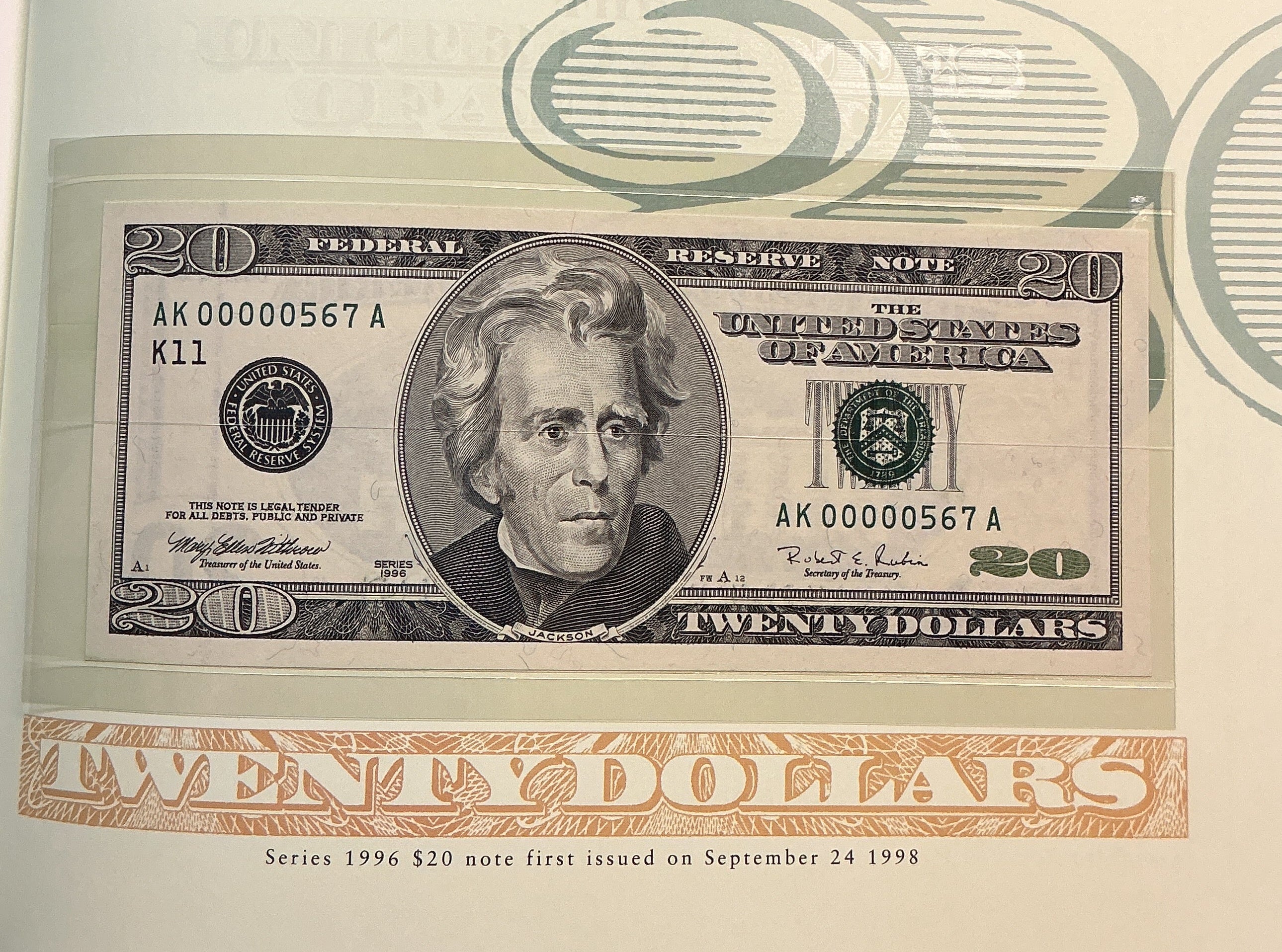 1996 Premium Federal Reserve Set, Serial #567, $20 Notes, #FRN013