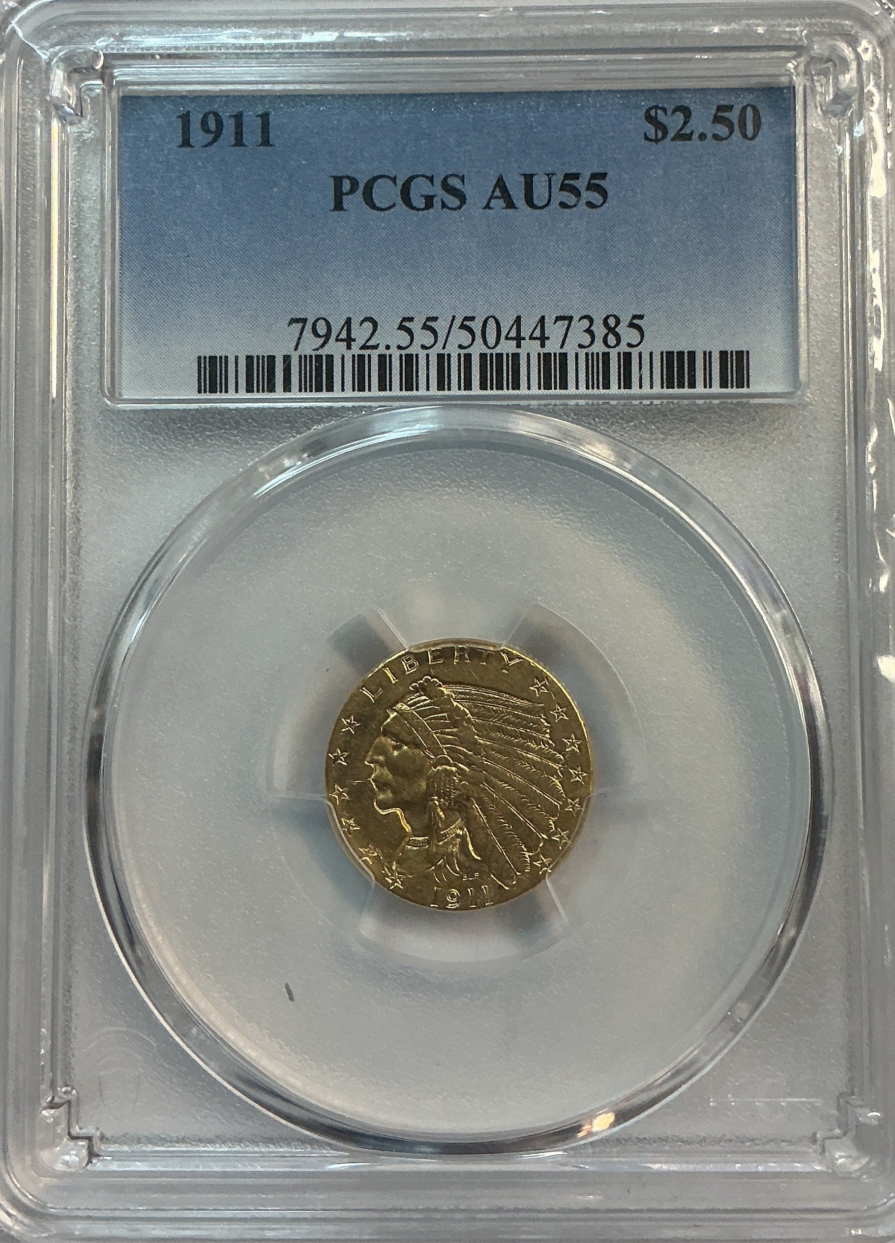 1911 $2.50 Quarter Gold Eagle, Indian Head, PCGS AU-55, Store #G0131.