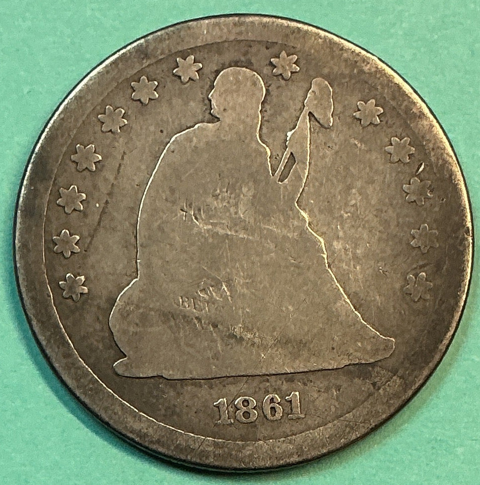 1861 Liberty Seated Quarter., About Good Circulated Details., Store#QR1182