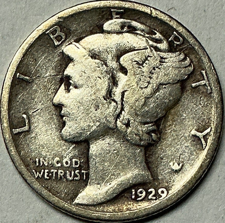 1929 Mercury Dime, Very Good+ Circulated Coin, Store #DE0973