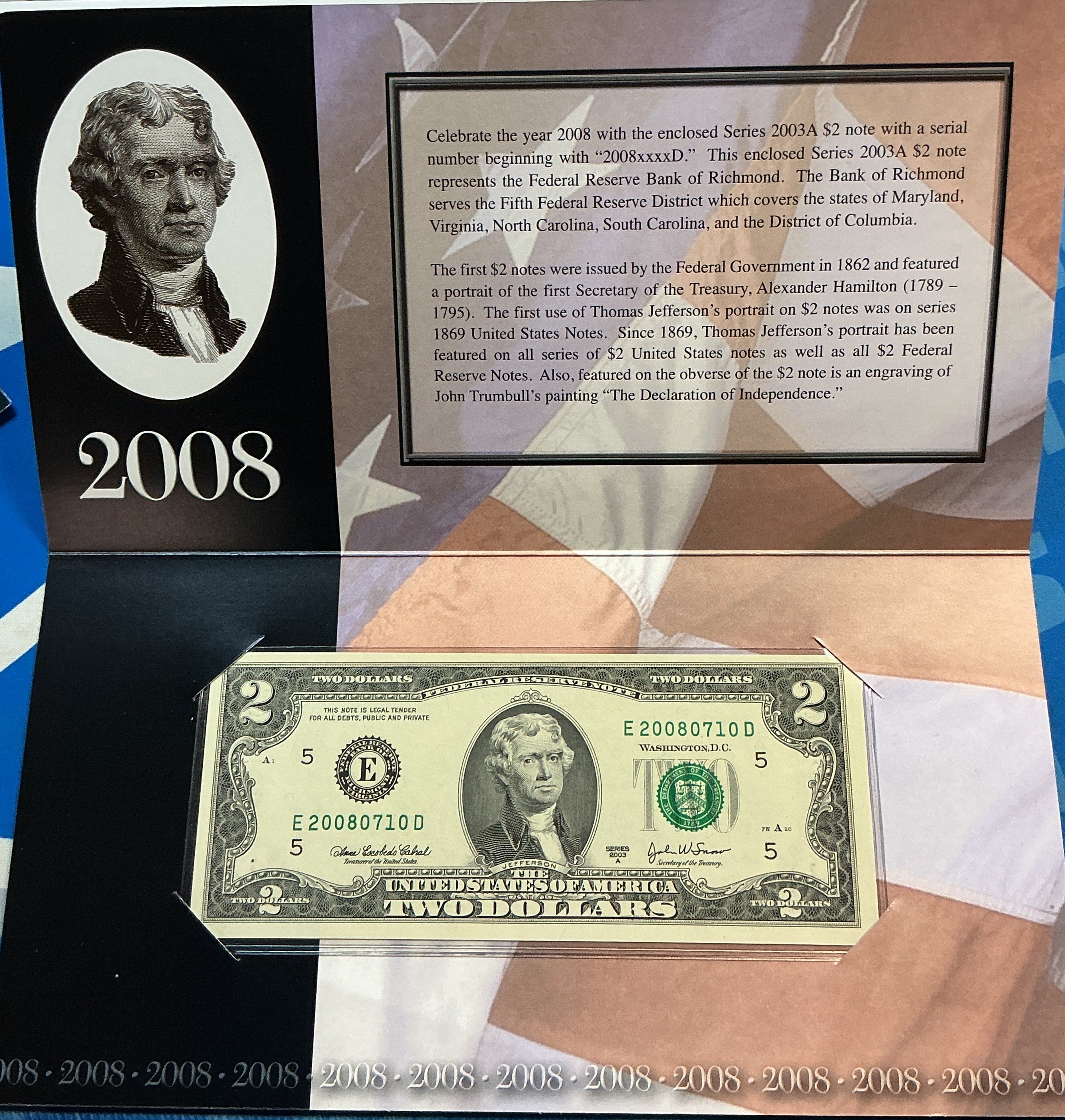 2008 Series, $2 Note, Richmond, Dept of Treasury, 2008xxx Serial Number, Store #FRN029