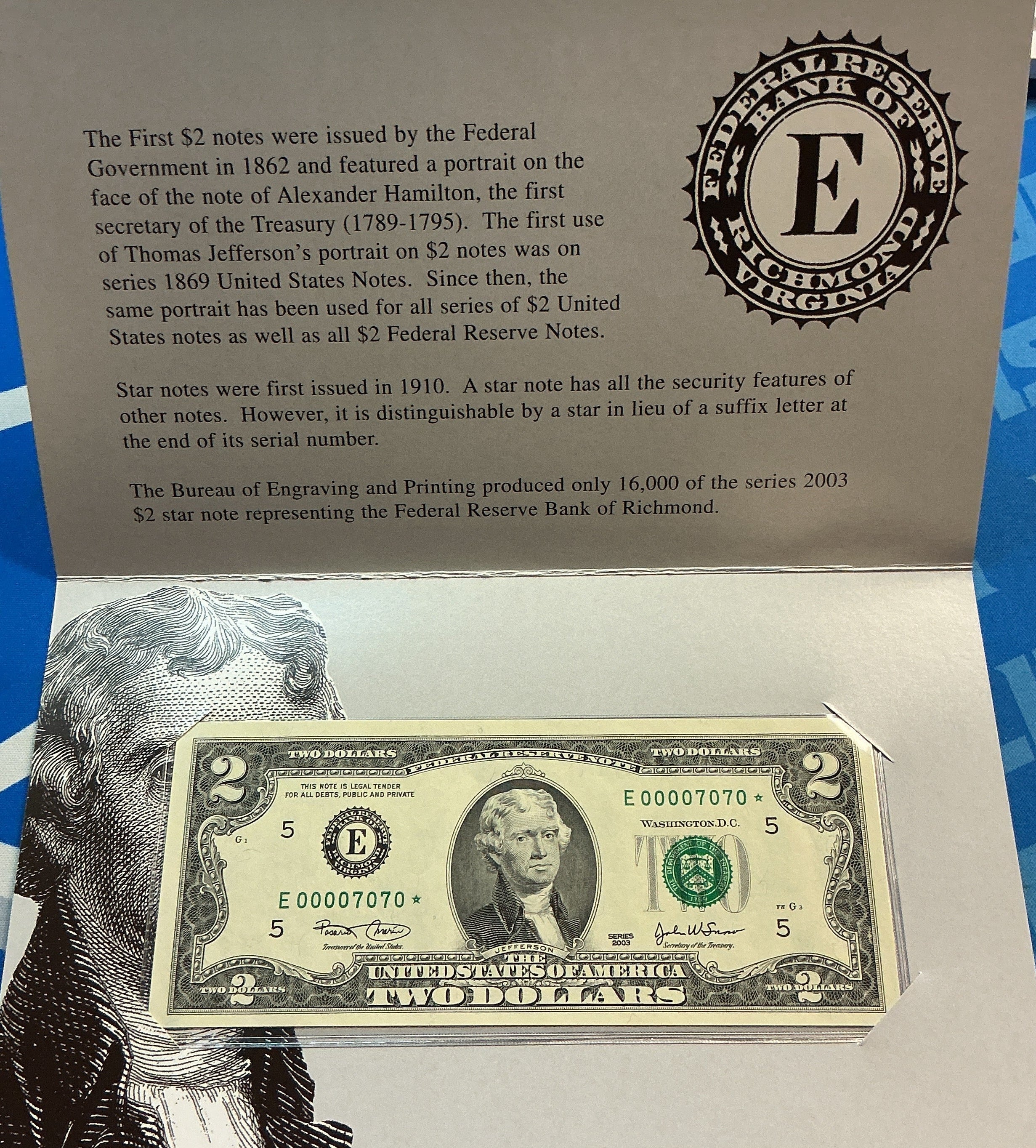 2003 Series, $2 Star Note, Richmond F.R.B., Low, Fancy Serial Number, Store #FRN024