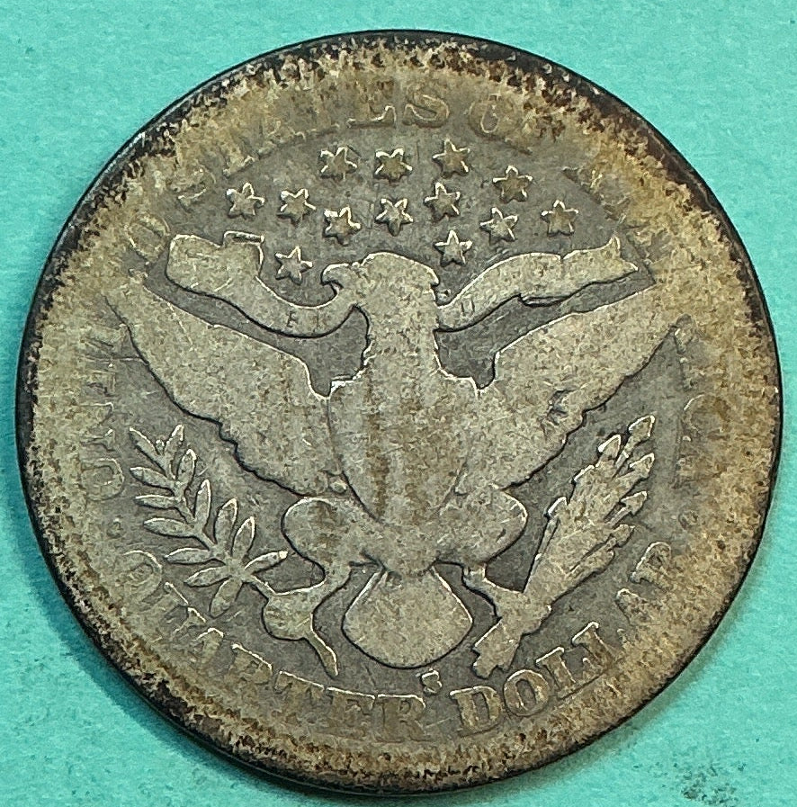1908-S Barber Quarter., Poor Circulated Details., Store#QR1243