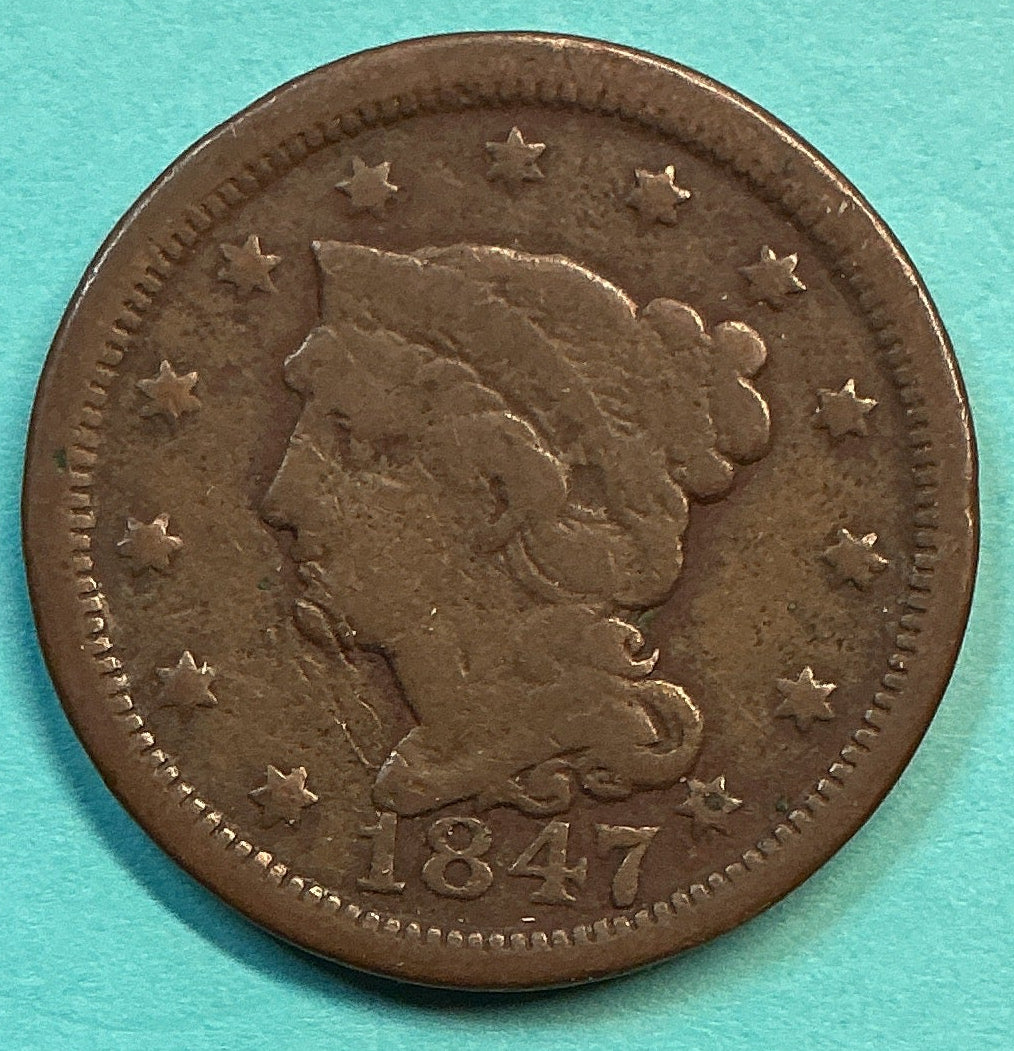 1847 Liberty Head Large Cent. Very Good Collectible Coin. Store #CT1394