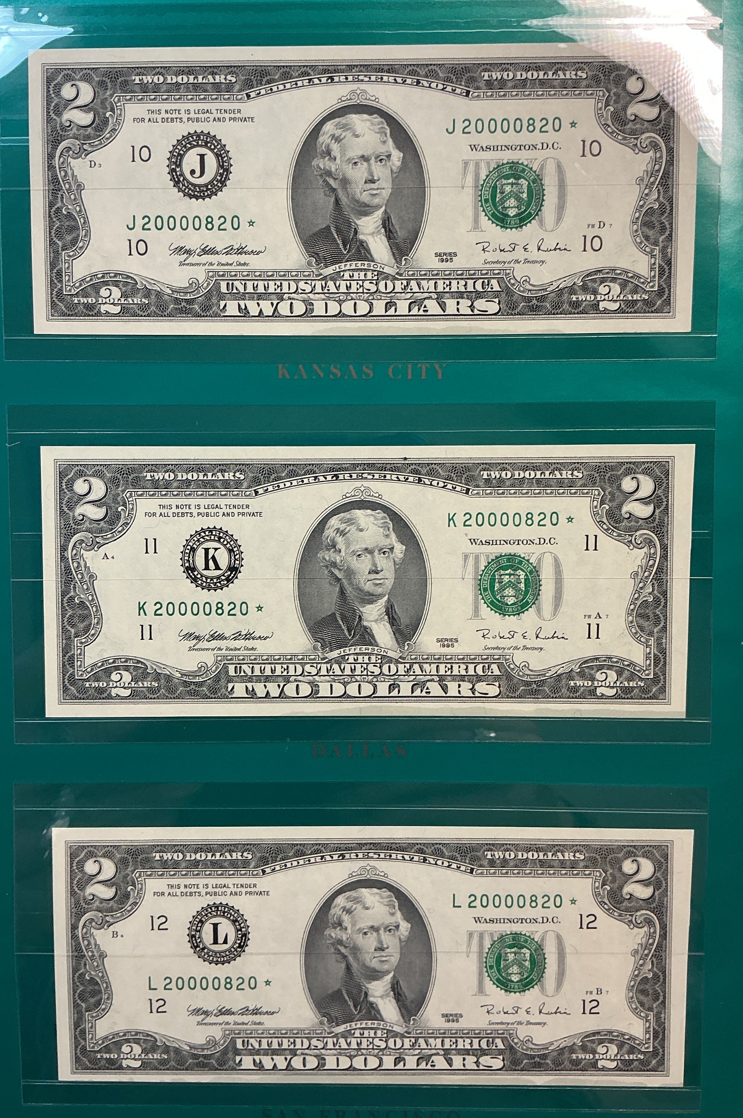 1995 Premium Millennium Federal Reserve Set, $2 Notes, Rare Star, #0820,  #FRN003.