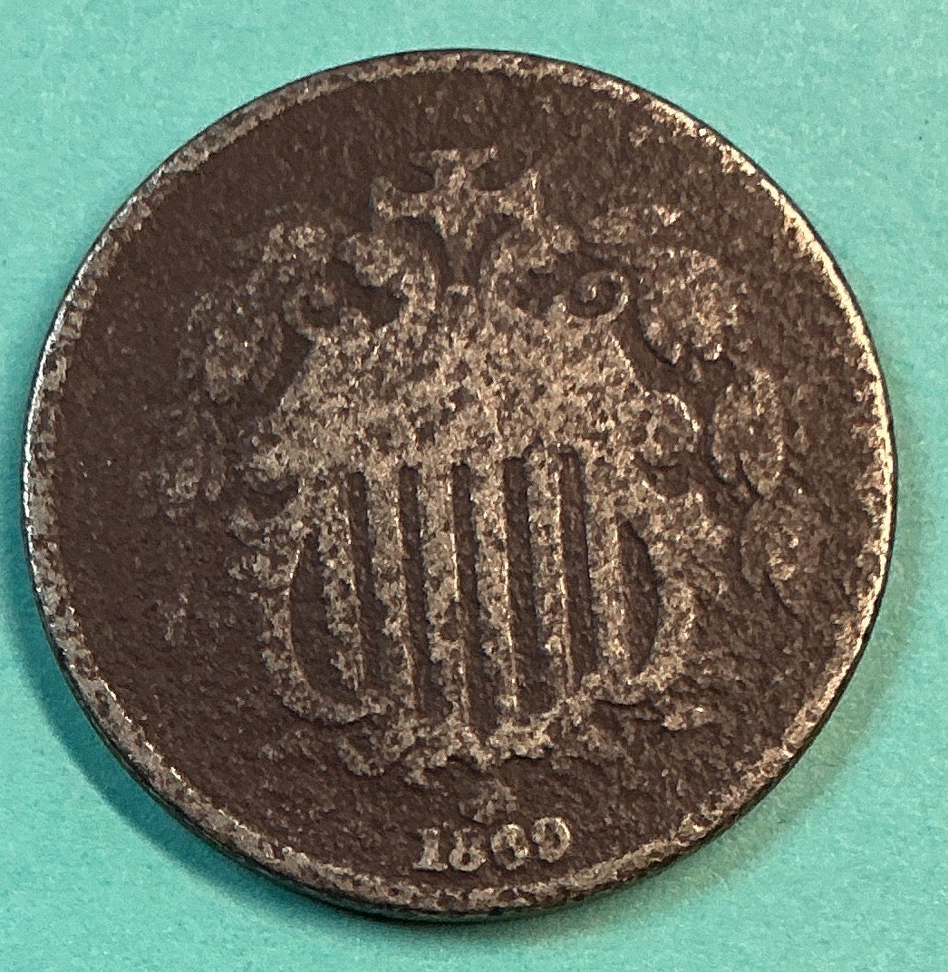 1869 Shield Nickel, Fine Details Circulated Coin, Store #NL0112