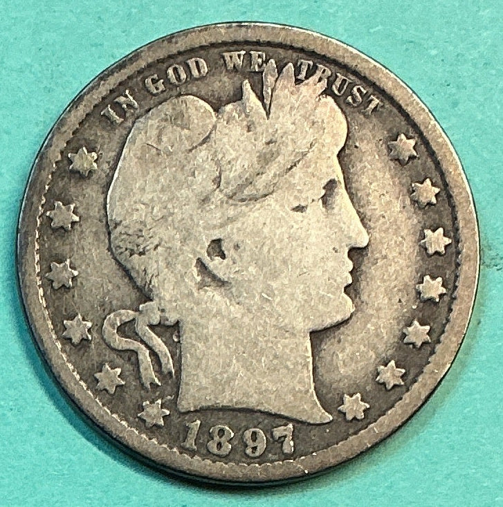 1897-O Barber Quarter., Very Good Circulated Details., Store#QR1202