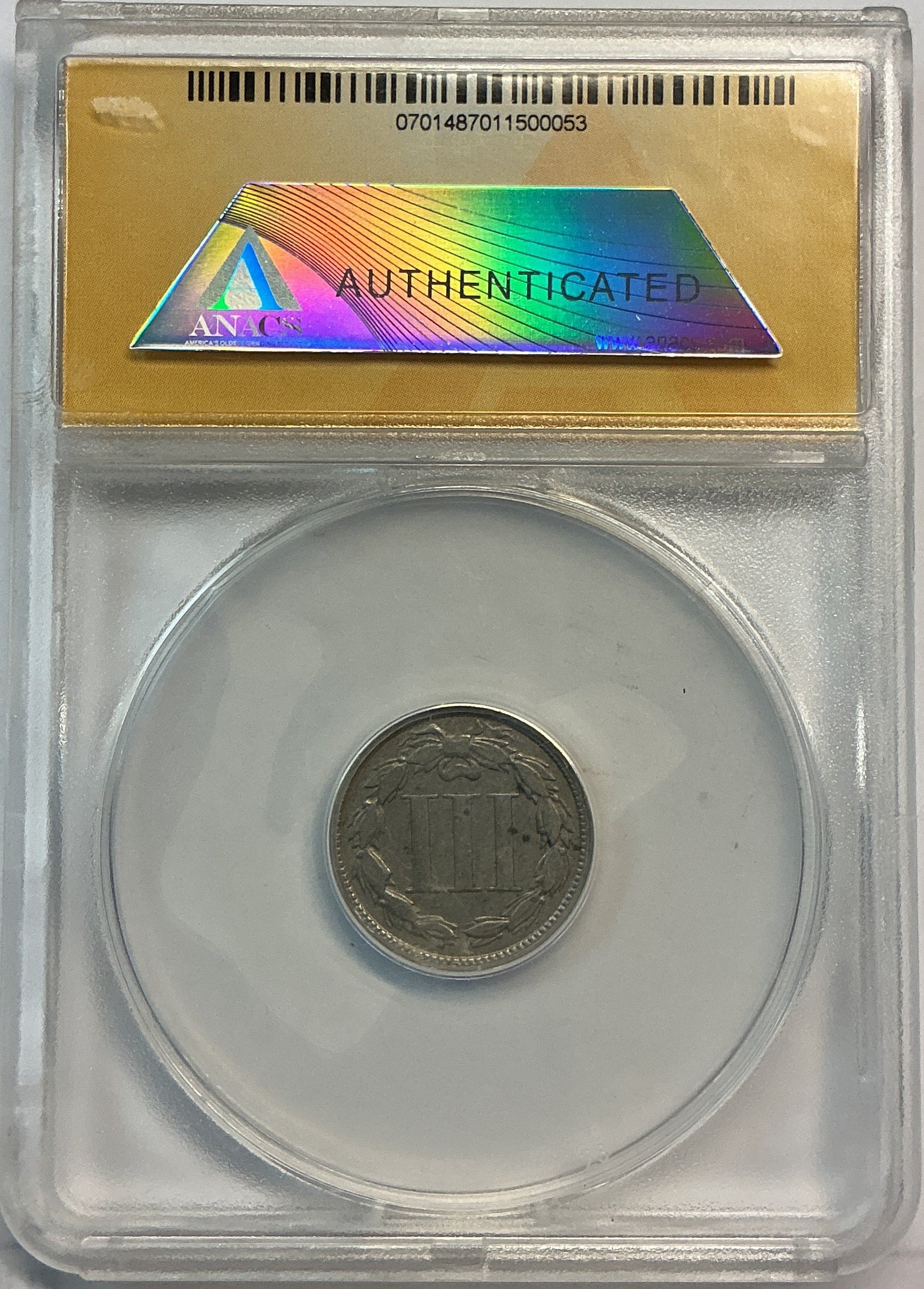 1865 3 Cent Copper Nickel., ANACS Verified., Store #G3C003